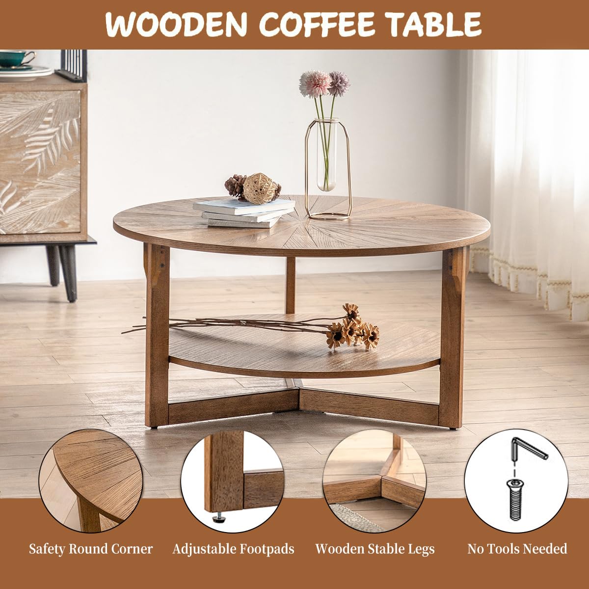 DS-HOMEPORT Wood Round Coffee Table for Living Room, 2 Tier Circle Coffee Table with Storage, Rustic Natural Coffee Table for Apartment, Easy Assembly (Espresso,35" Dx35 Wx18 H)