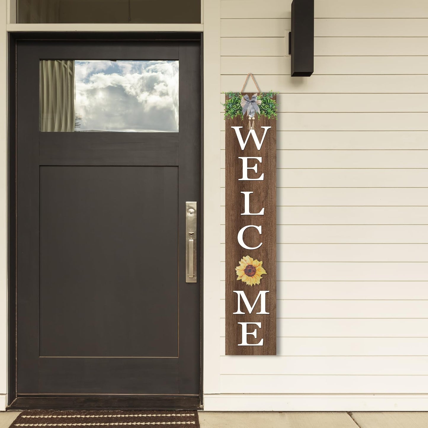 Interchangeable Welcome Sign for Front Porch Standing 47"X8" Outdoor Large Wood Frame with 12 Pcs Designed Icons Leaner Vertical Tall Outside Welcome Sign for Front Door Decor (Wood)