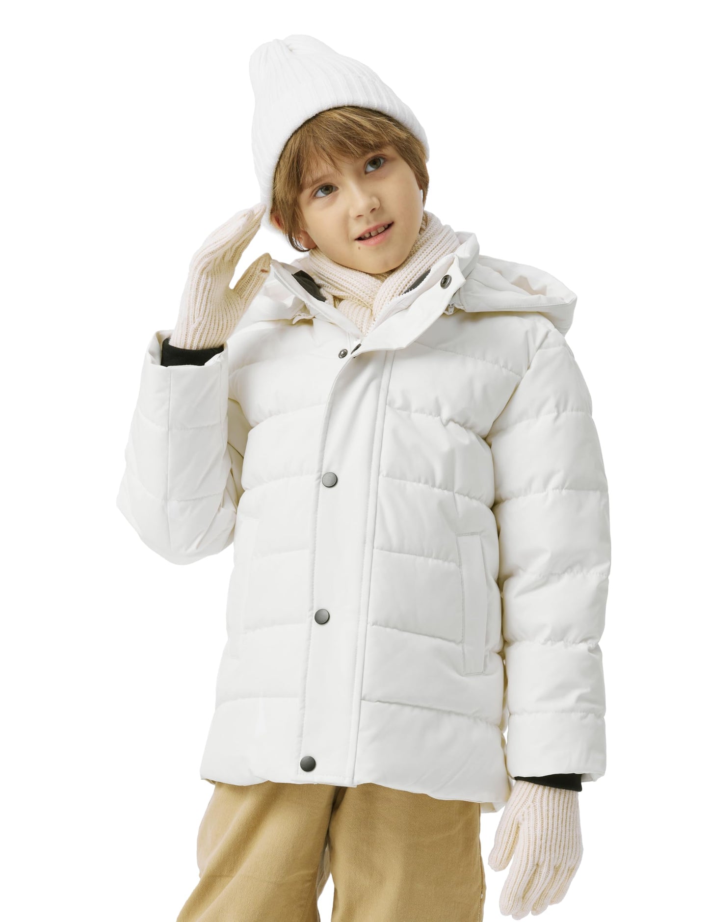 wantdo Boys' Winter Coat Waterproof Puffer Jacket Thicken with Hood White 10-12