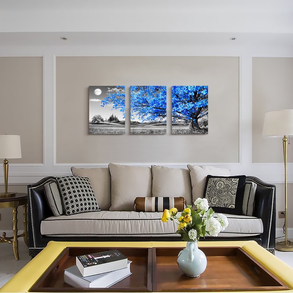Wall Art For Living Room black and white Blue tree moon Canvas Wall Decor for Home artwork huge Painting 16" x 24" 3 Pieces Canvas Print For bedroom Decor Modern Salon kitchen office Hang a picture
