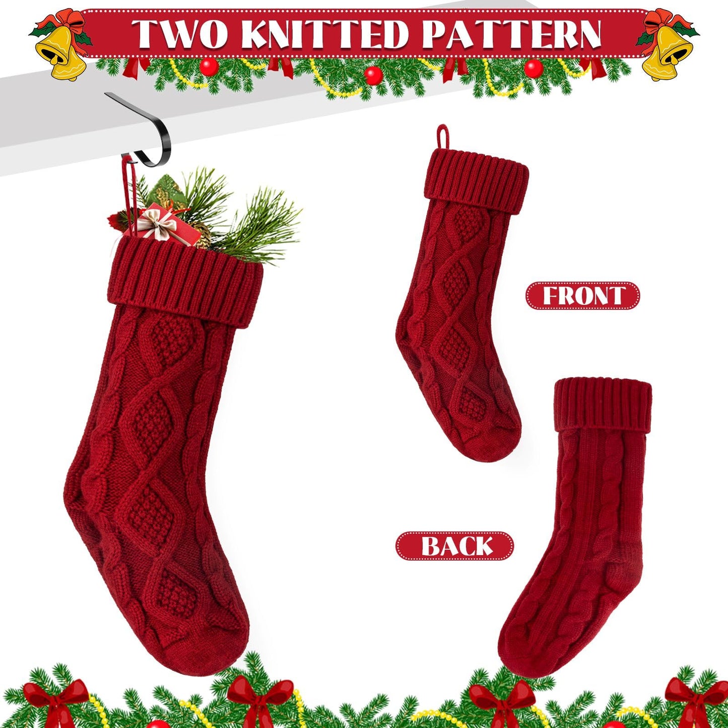 TOVERKAU 18 Inches Christmas Stockings 6 Pack, Traditional Knitted Xmas Hanging Stockings, Red, Ivory, Green, Christmas Holiday Party Decoration