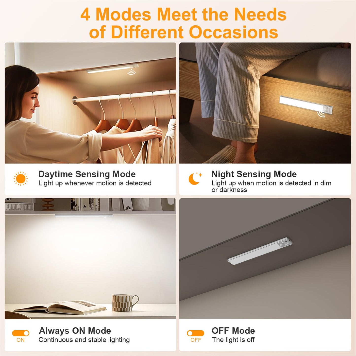 Gritin 10.2inch Under Cabinet Lighting Rechargeable -84 LED Super Bright,3-Color& 5 Level Brightness,4 Modes,Motion Sensor, Long Lasting- Easy Installation Magnetic Under Cabinet Closet Lights -2 Pack