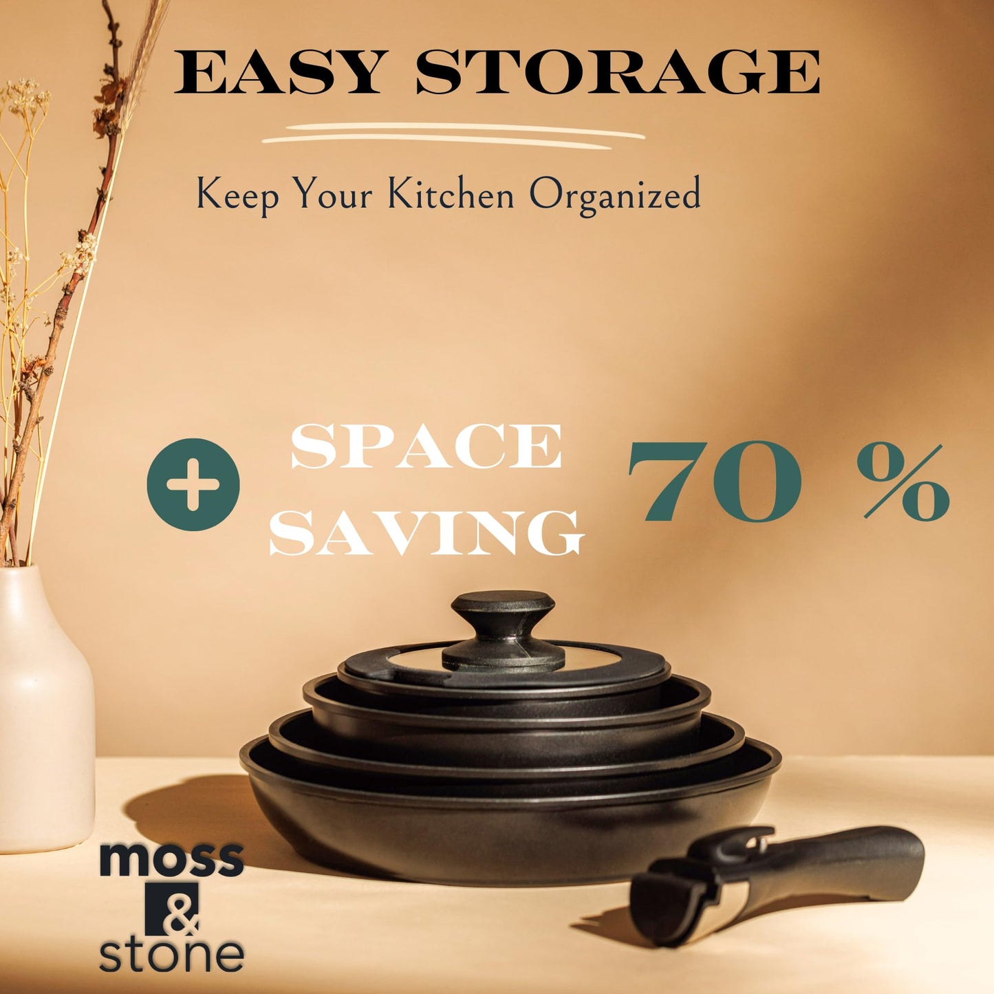 Moss & Stone 10pcs Black Pots and Pans Set Non Stick, Cookware Sets Detachable Handle, RV Kitchen Set Removable Handle, Oven Safe, Induction Ready, Stackable Non-stick Set, Camping Cookware Set