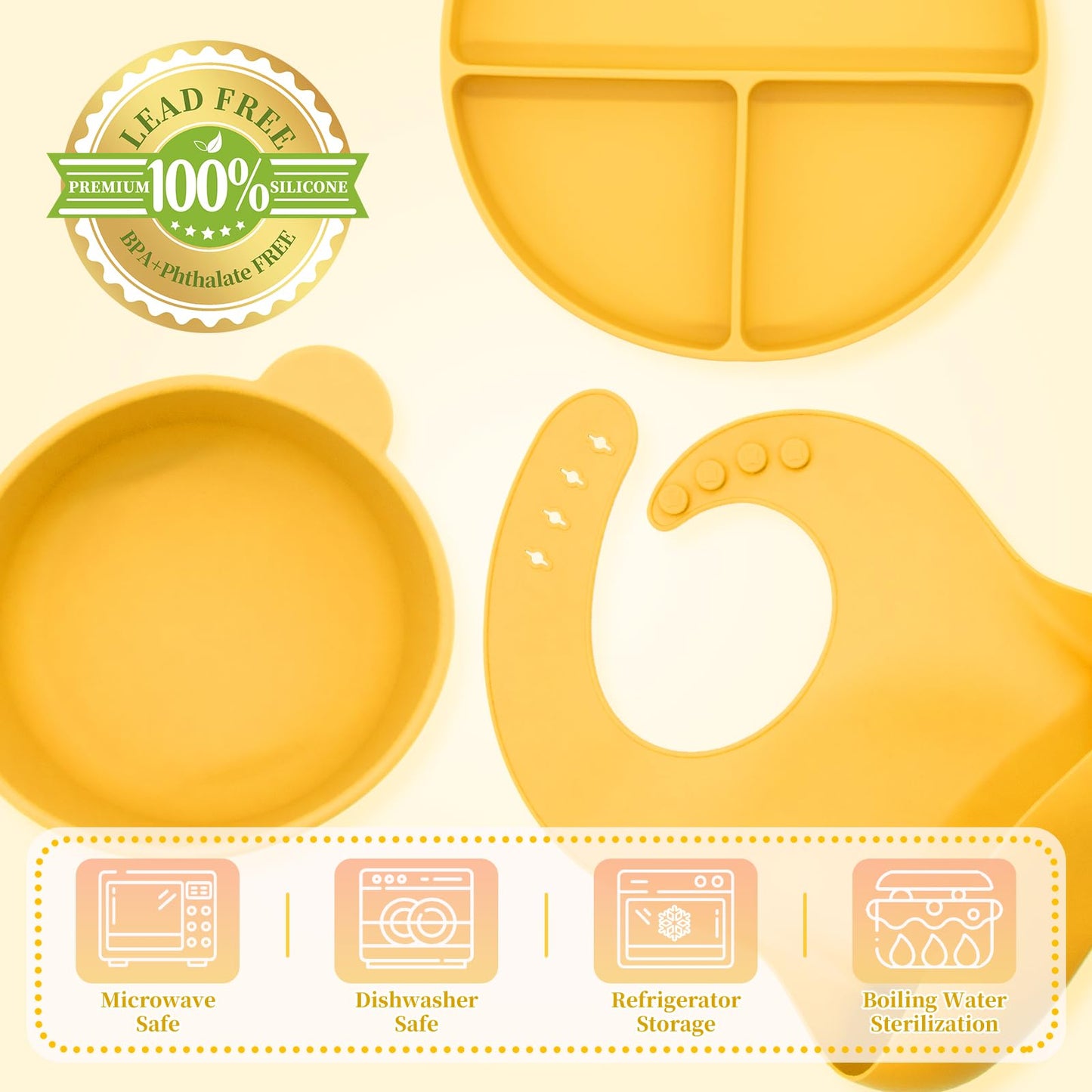 CHCC Silicone Baby Feeding Set, 6 Pcs, Baby Led Weaning Supplies, BPA Free, Yellow