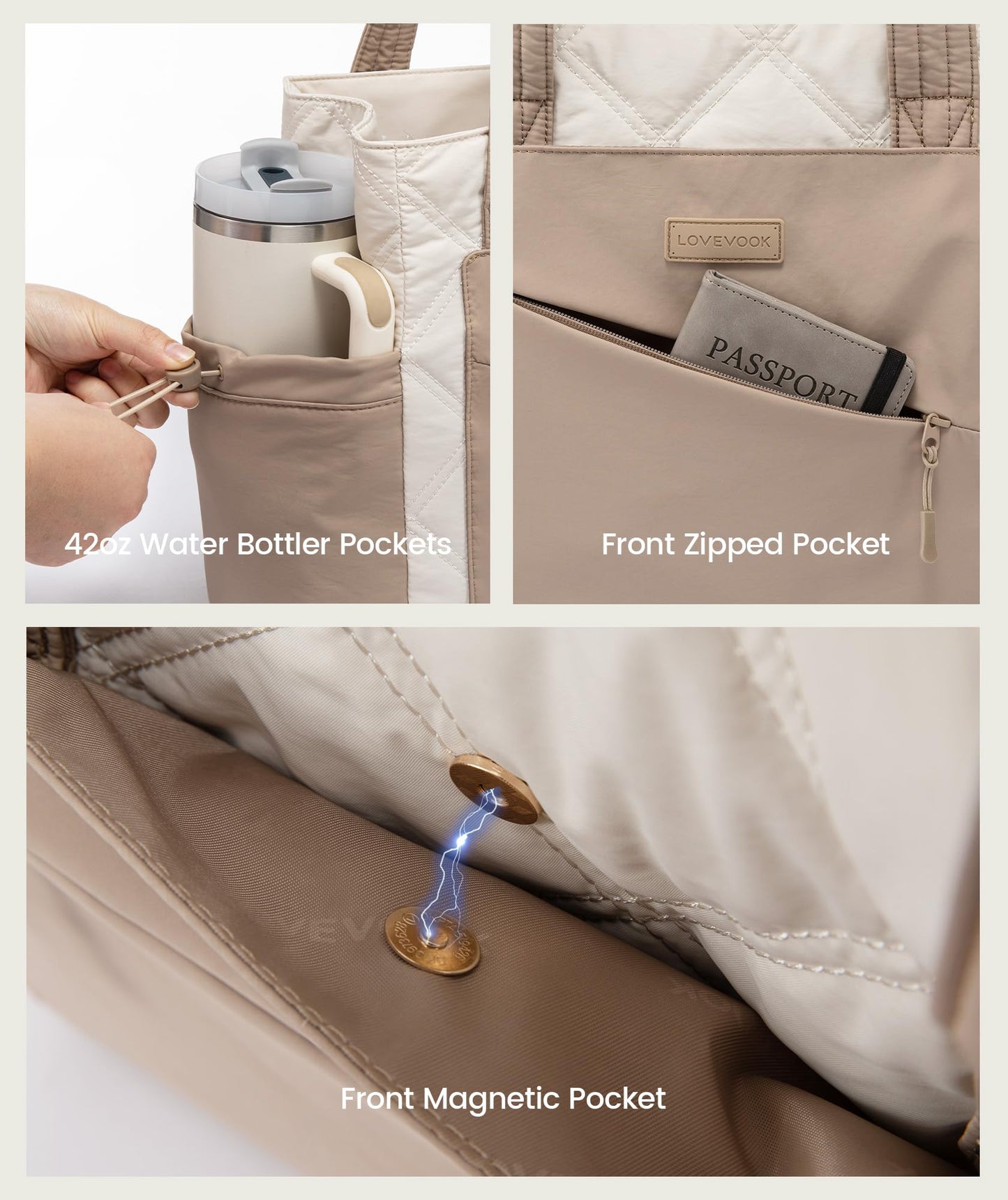 LOVEVOOK Tote Bag for Women, Puffer Bag and Work Bags with Zipper for Travel, Daily, School, Quilted Nurse Shoulder, 2pcs