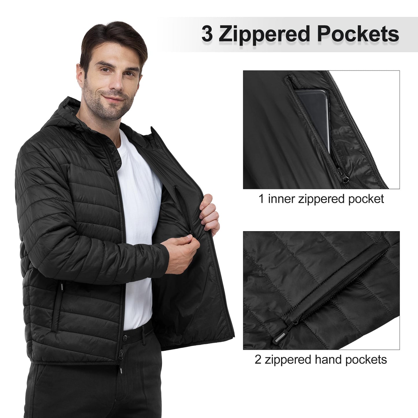 Outdoor Ventures Men's Lightweight Packable Hooded Puffer Jacket Insulated Winter Coat for Snow Ski Traveling