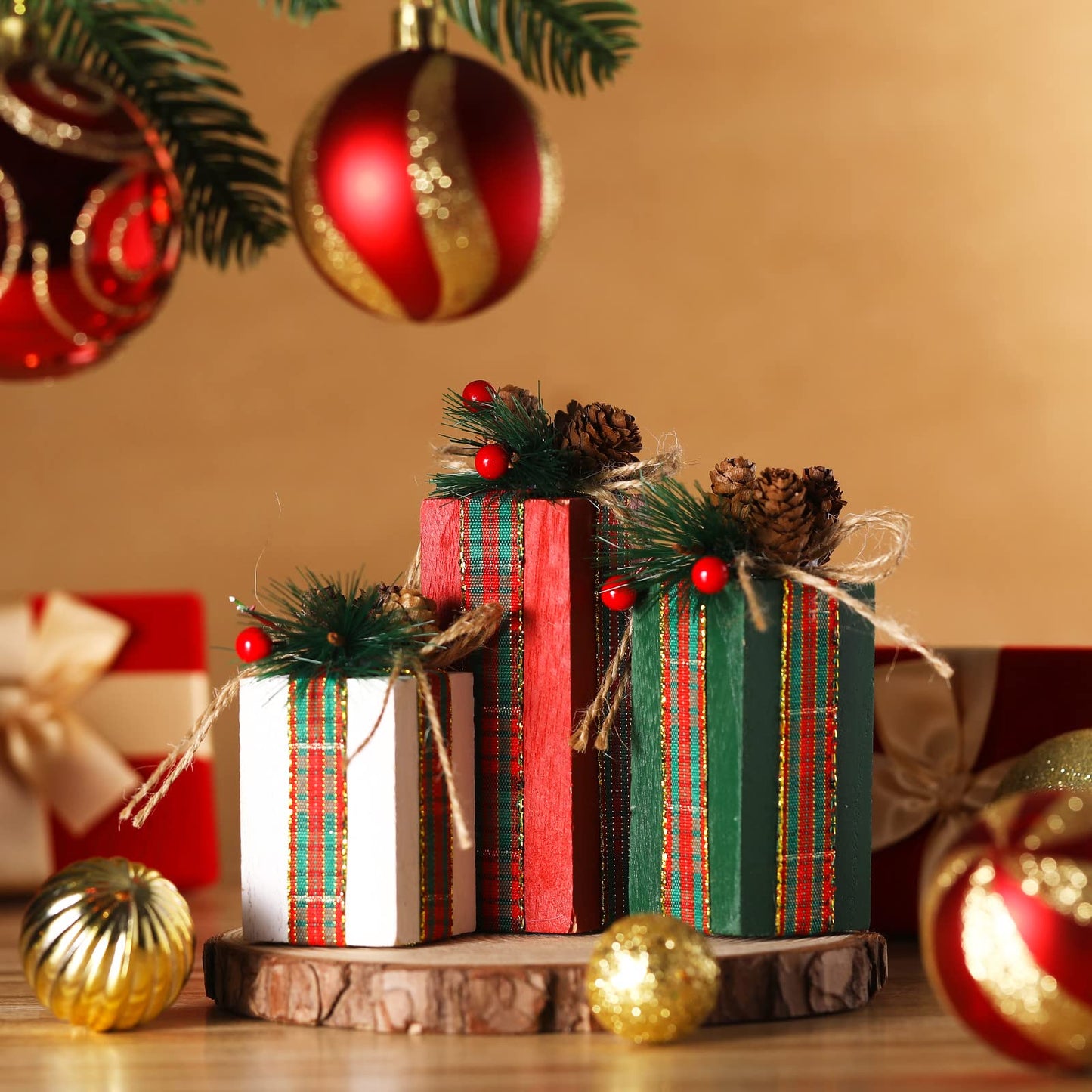 Glenmal 3 Pcs Christmas Table Centerpieces Christmas Table Decor Faux Present Wooden Blocks with Buffalo Plaid Bowknot Rustic Decoration for Holiday Xmas Tree Tiered Tray(White, Green and Red)