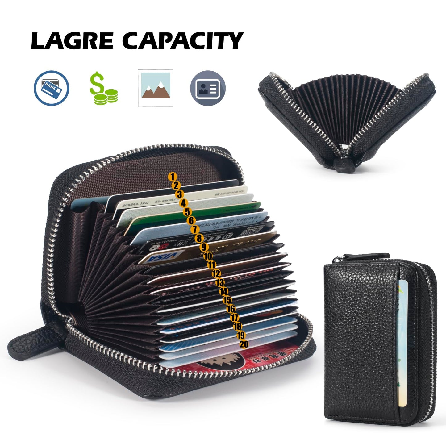 GHGMAO Credit Card Holder Accordion Wallet for Women Small Genuine Leather Wallets Ladies RFID Blocking Card Cases Holder Card Organizer Security Travel Wallet with Zipper