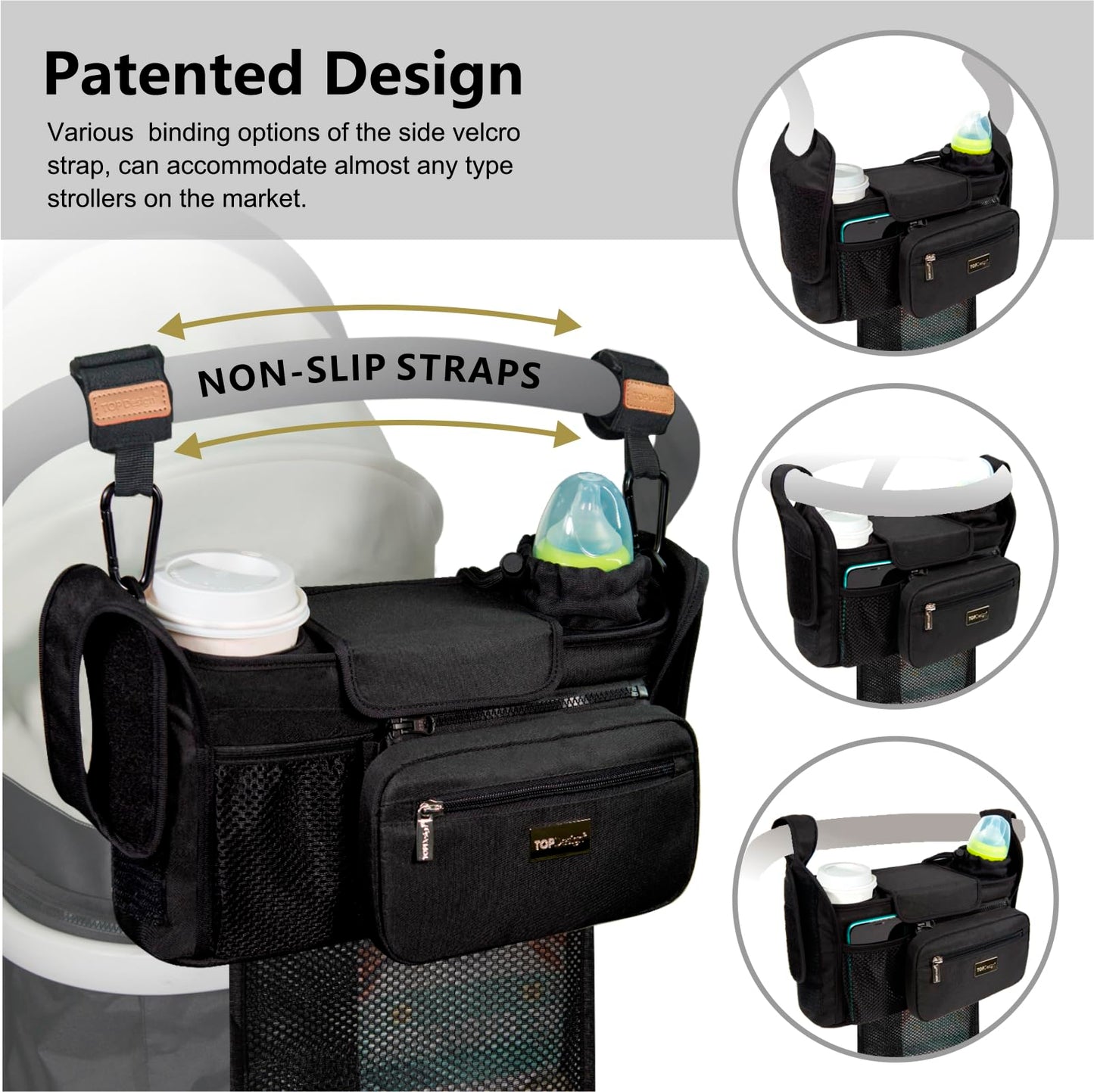 TOPDesign Universal Baby Stroller Organizer, Stroller Caddy with Detachable Mesh Bag & Heightened Insulated Cup Holders & Non-Slip Secure Hooks Accessories, Fits Most Strollers (Checkerboard)