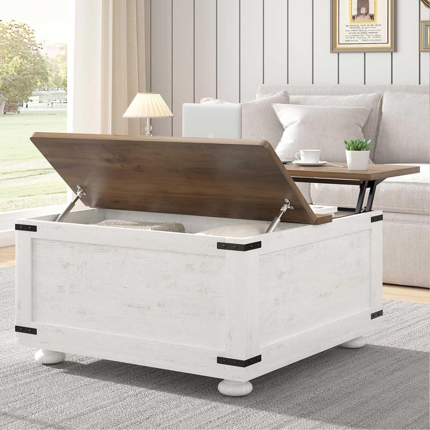 MaverickFurni White Farmhouse Coffee Table with Storage, Square Lift Top Coffee Table with Hydraulic and Wood Gourd Feet for Living Room, White