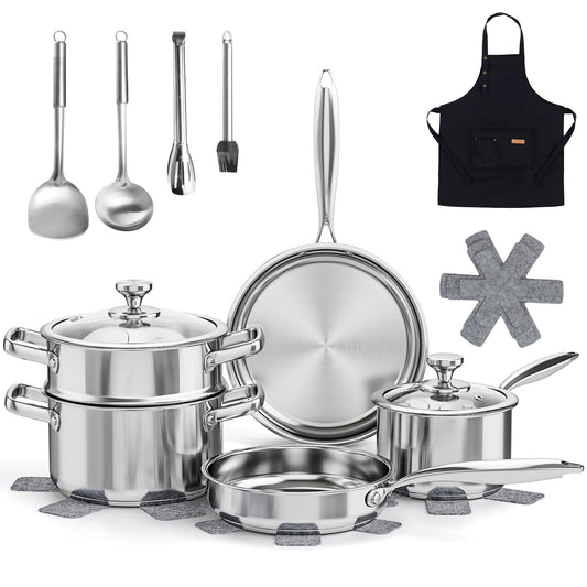 Meythway 𝐇𝐄𝐀𝐕𝐘 Pots and Pans Set Non Toxic, 16PCs Stainless Steel Cookware Set with Steamer, Kitchen Induction Cookware with Utensil Sets, Pot Protectors and Apron For Oven & Dishwasher Safe