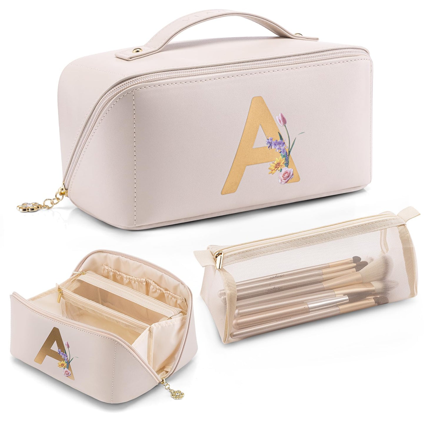 Vlando Mothers Day Gifts,Initial Makeup Bag,Travel Makeup Bag,Teacher Appreciation Gifts Birthday Gifts Bridesmaid Gifts Bride Wedding Gifts Graduation Gifts Valentine's Day Gift(Letter M)