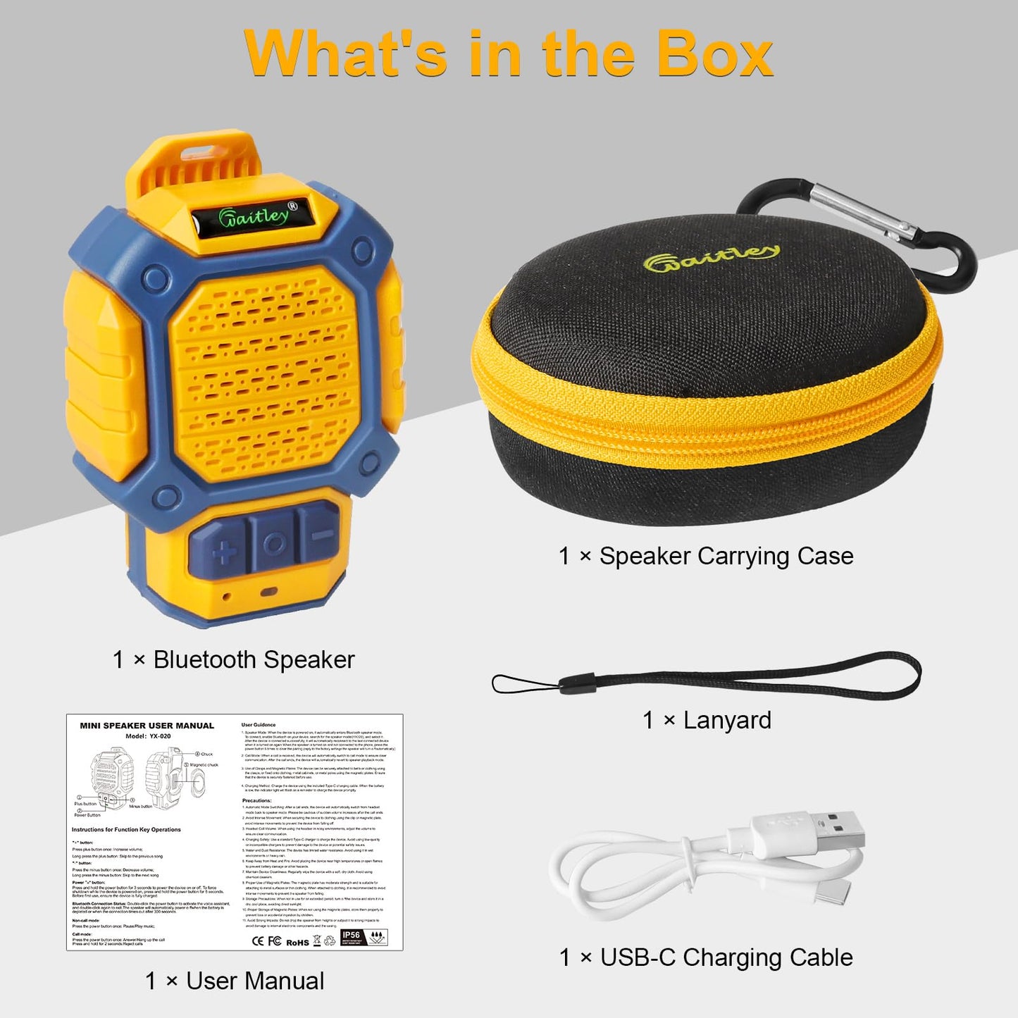 waitley Mini Wearable Bluetooth Speaker - Magnetic Clip, Clip-On & Lanyard 3-in-1, IP56 Waterproof, 12H Playtime, Built-in Mic for Outdoor, Camping, Running, Cycling, Worksite, Jobsite