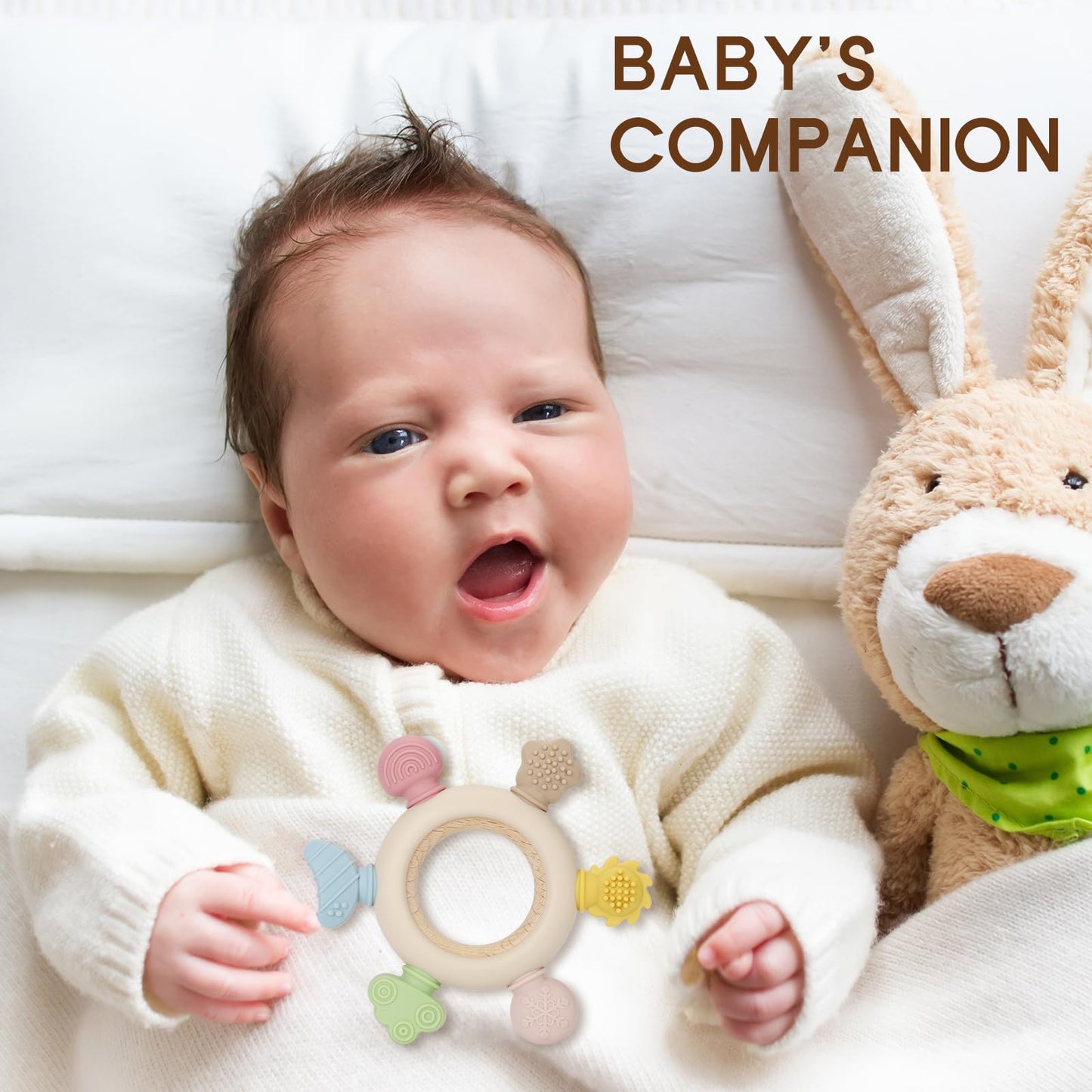 AULEGE 2 Packs Baby Teething Toy for Babies 0-3-6-12,18 Months, BPA Free Silicone & Natural Beech Baby Teething Ring for Teething Relief, Wooden Ring Toy for Newborn Boys, Girls