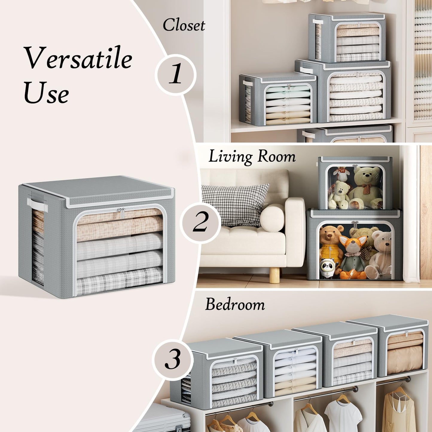 Yecaye Clothes Storage Bins with Metal Frame, Foldable Clothing Storage Bin with Lid, Stackable Oxford Fabric Organizer Box With Clear Window & Zippers & PU Leather Handles (3 Pack,Grey,66L)