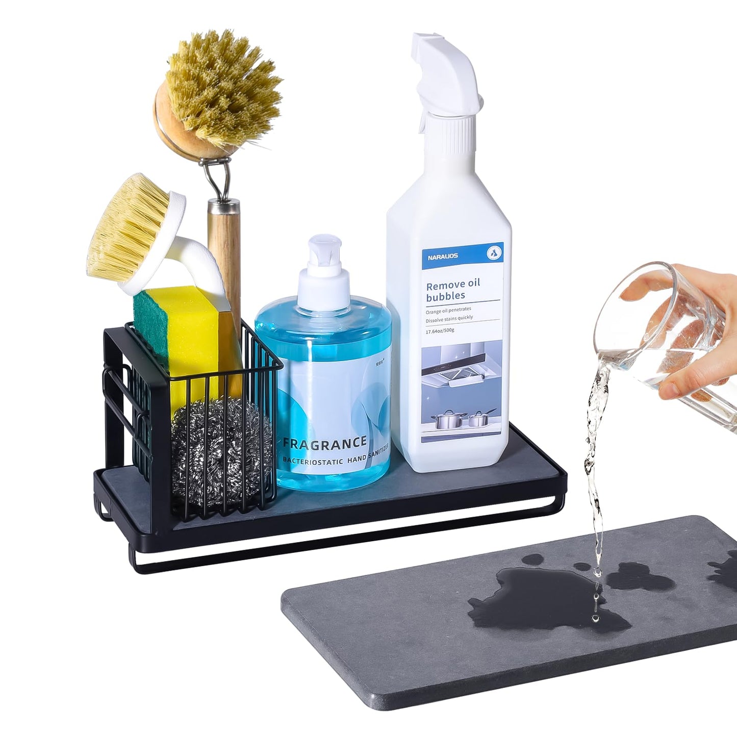 KONE Black Kitchen Sink Caddy: Kitchen Sponge Holder with Instant Drying Stone and Brush Holder, Rustproof Sink Organizer for Sponges, Soap, Home Decor Storage and Organization