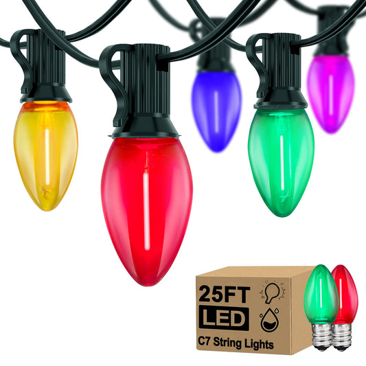 25FT Christmas Lights Multicolor C7 Vintage Outdoor Light String with 27 LED Bulbs (2 Spare), Hanging Christmas Tree Lights Waterproof for Garden Wedding Party Christmas Decoration - Green Wire