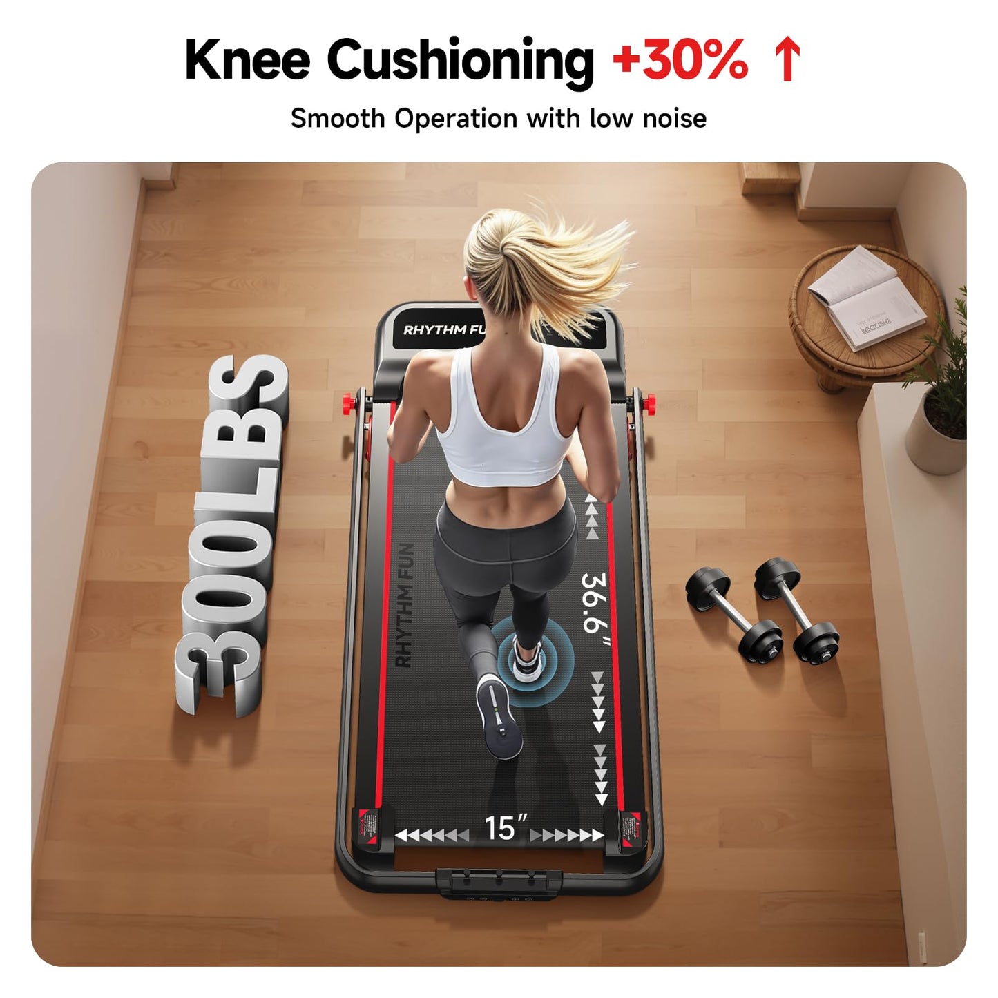 RHYTHM FUN Incline Foldable Treadmill, Walking Pad Treadmill with Incline, 300 lbs Portable Treadmills with Handles for Home Office Use, Under Desk Compact Walking pad with LED Display & APP