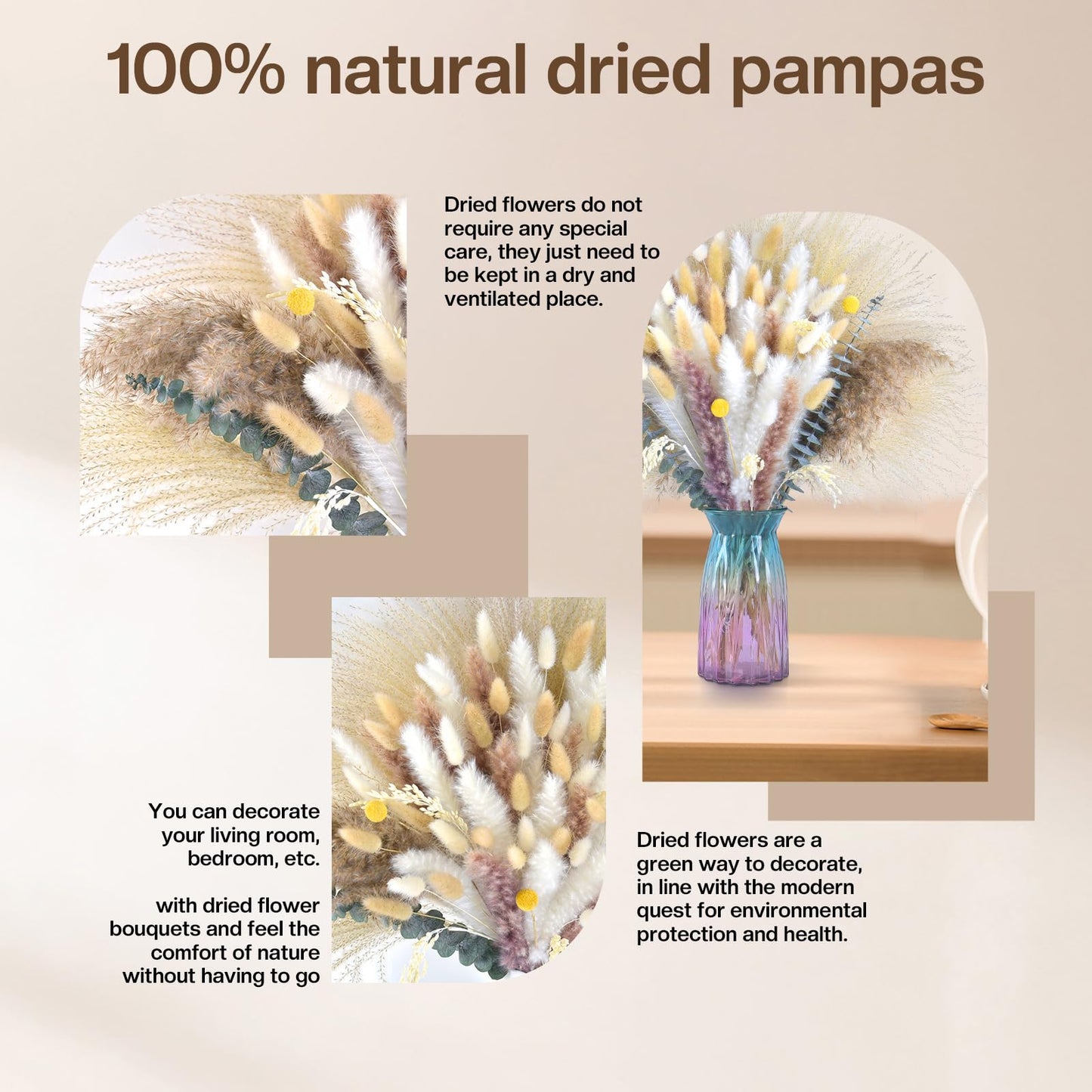 102pcs Dried Pampas Grass Flower Bouquet Decor-White Pompas Grass,Bunny Tails,Reed Grass Bouquet-Eucalyptus-Golden Ball for Boho Home Table Decor,Wedding Boho Flowers&Vase Fillers