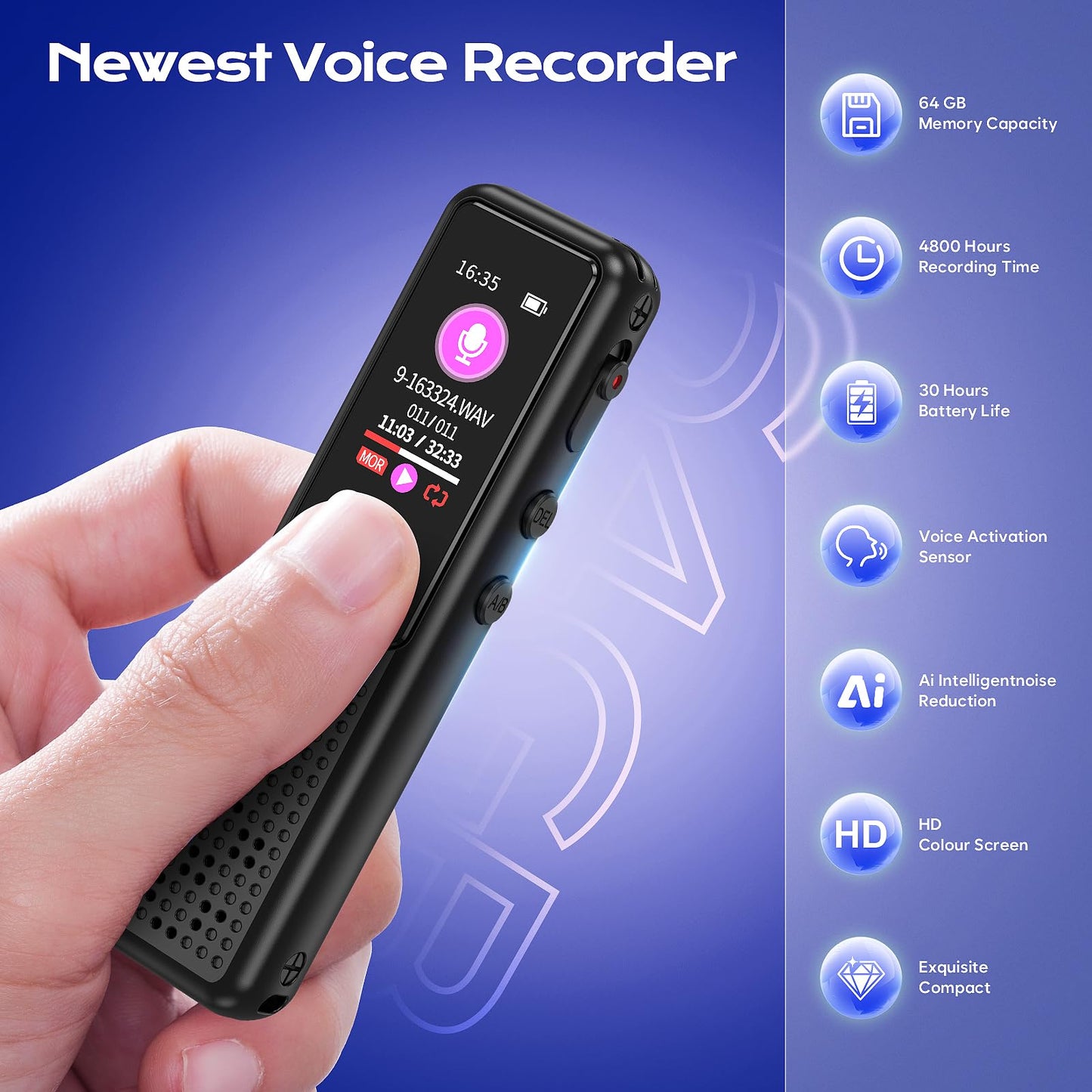 64GB Voice Recorder - Upgraded Digital Voice Activated Recorder with AI Noise Reduction Technology, Dictaphone Tape Recording Device with Playback for Lectures Meetings/Classes/Interview