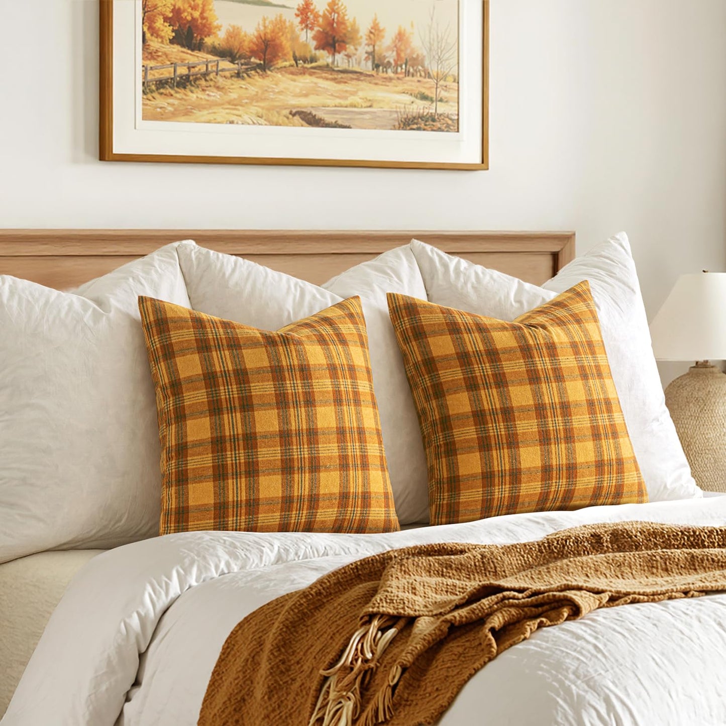 Woaboy Set of 2 Scottish Tartan Plaid Throw Pillow Covers Farmhouse Classic Plaid Decorative Square Cushion Cases Fall Autumn Christmas Home Decor for Sofa Couch Livingroom Bed 18x18 Inch,Orange