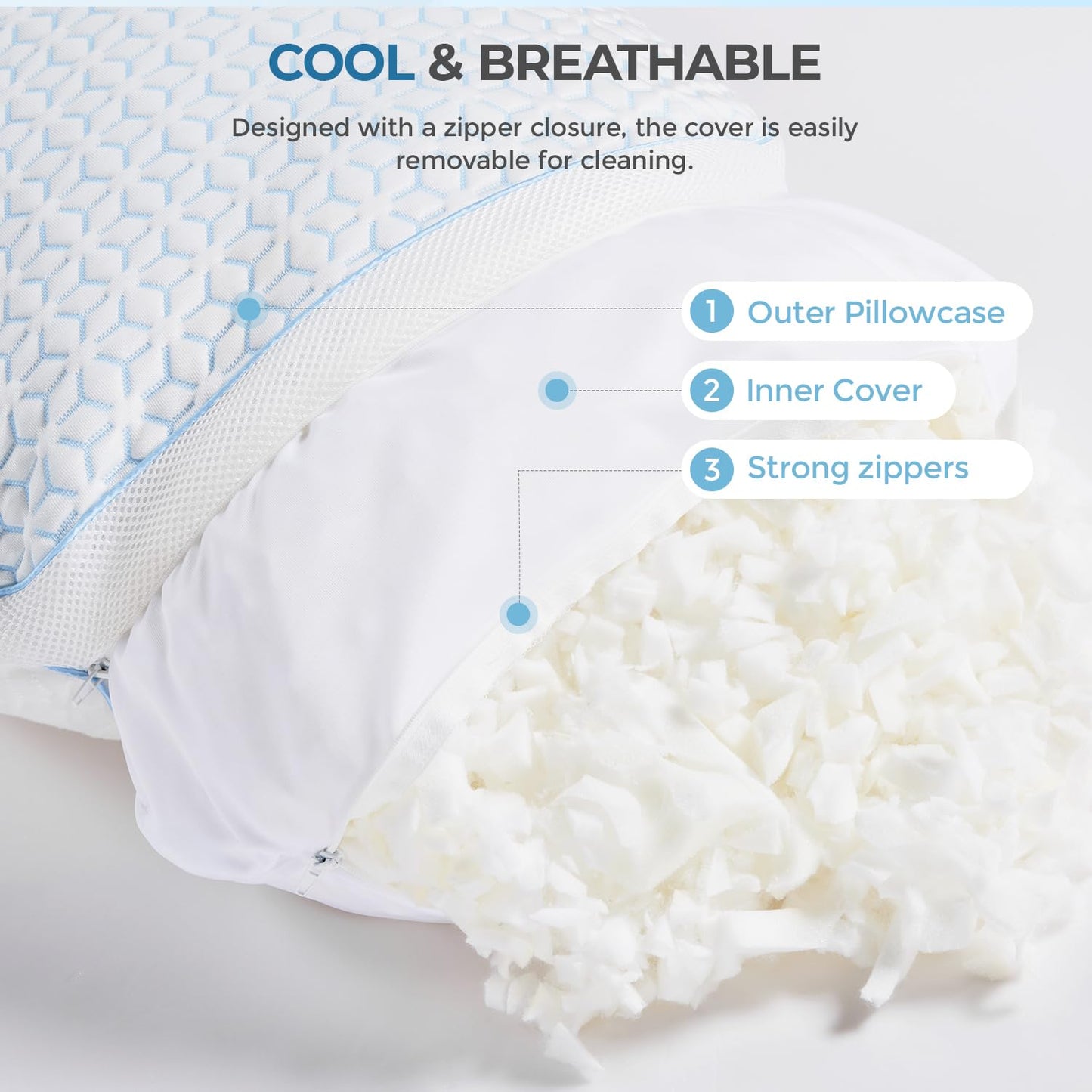 Sweetnight Cooling Pillows Queen Size Set of 2, Shredded Memory Foam Pillows 2 Pack for Hot Sleepers, Cold Bed Pillows for Sleeping, Washable with Removable Cover, Cool Night