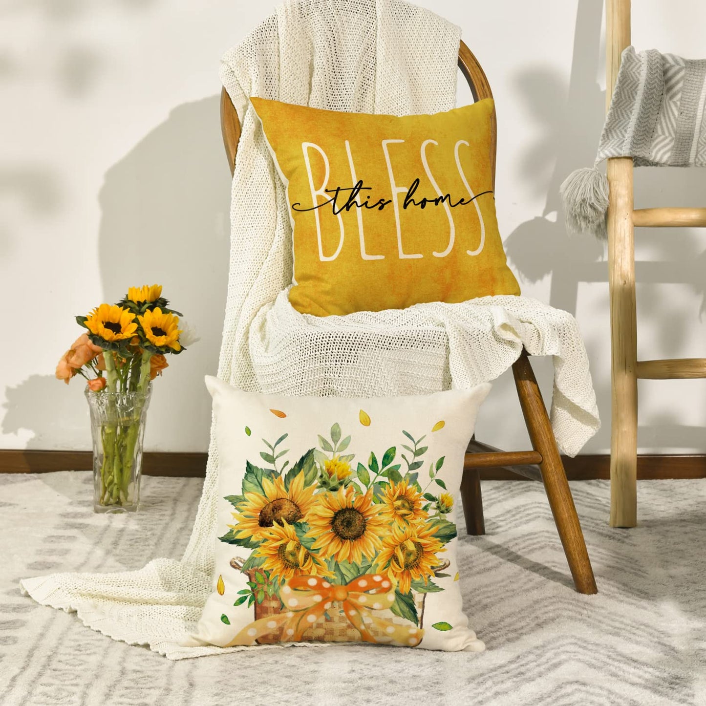 AVOIN colorlife Sunflower Home Sweet Home Bless This Home Summer Throw Pillow Covers, 18 x 18 Inch Yellow Cushion Case for Sofa Couch Set of 4