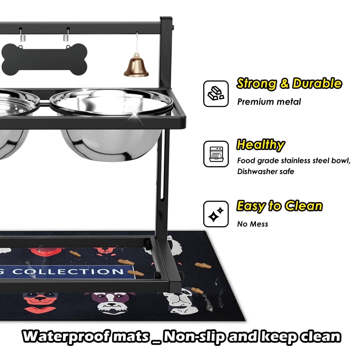 SHAINFUN Elevated Dog Feeder - Raised Bowls Stand with Spill Proof Mat, Adjustable Height, Slow Feeder, Stainless Steel, for Large & Medium Dogs