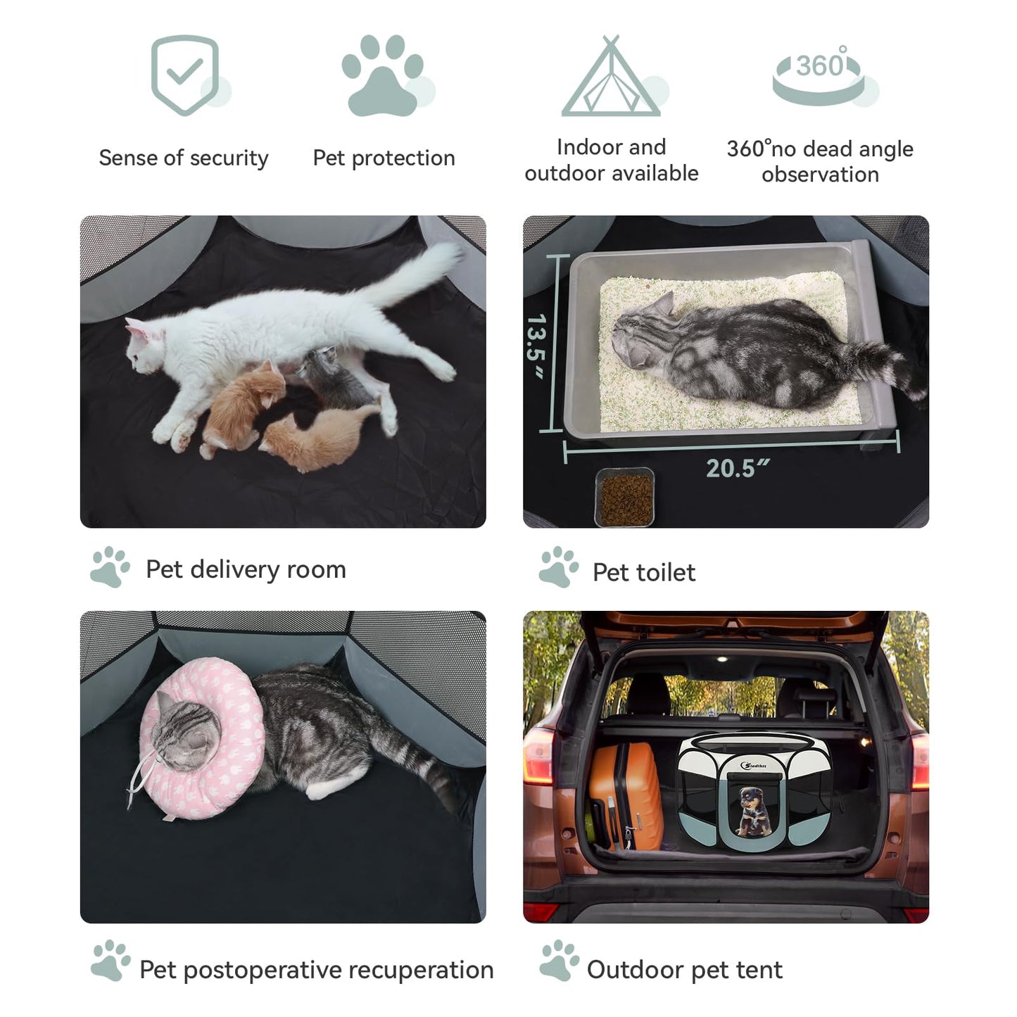 Siedihit Dog Cat Playpen, Puppy Pet Playpen Indoor for Small Dogs Tent Crates Cage Outdoor, Portable Pop Up Dog Kennel Playpen with Carrying Case for Dogs/Cats/Rabbits, Removable Zipper Top, Grey