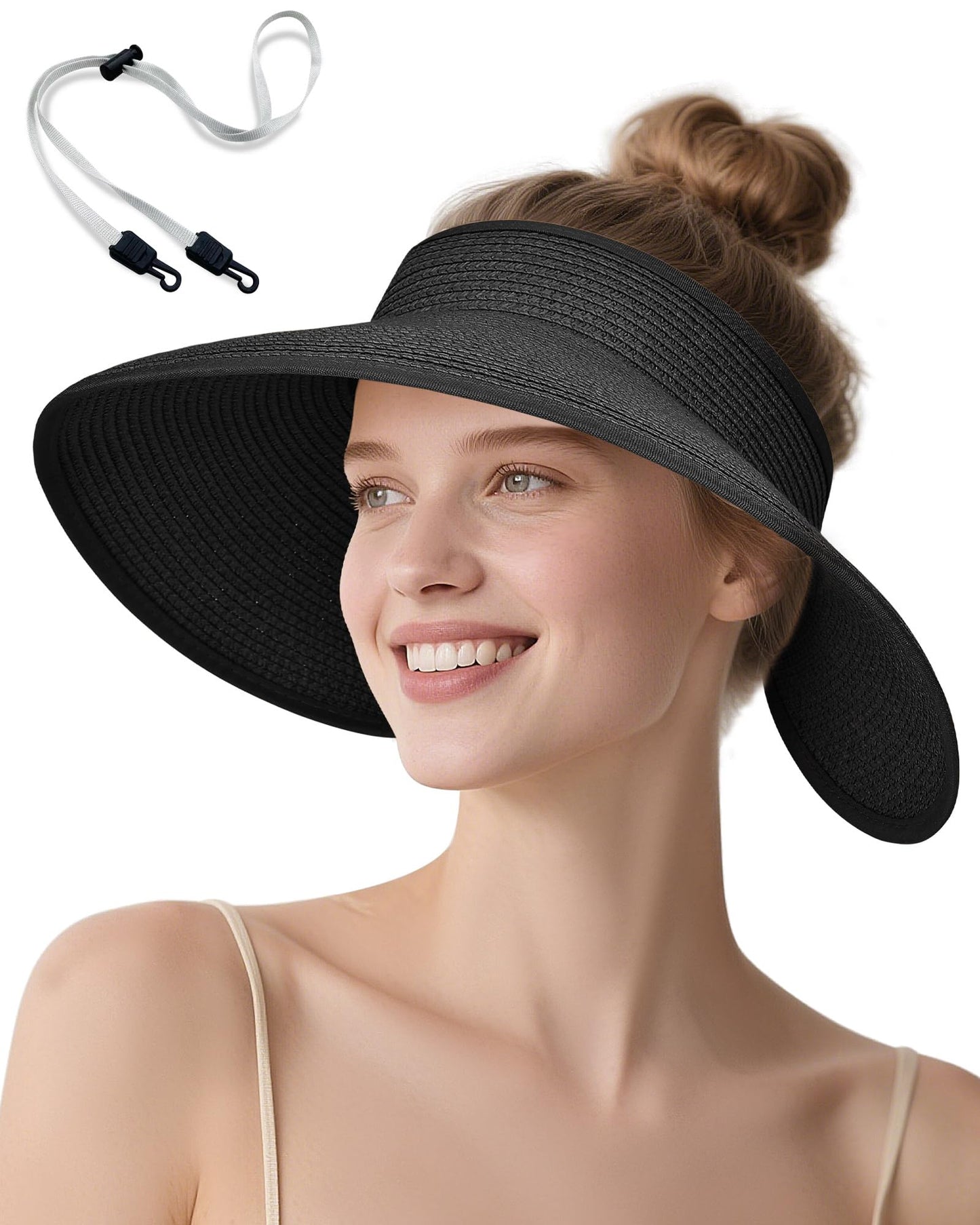 Sun Visor Hat for Women, Wide Brim Straw Visors Beach Hat Roll Up Foldable Beach Visors Summer UV Protection