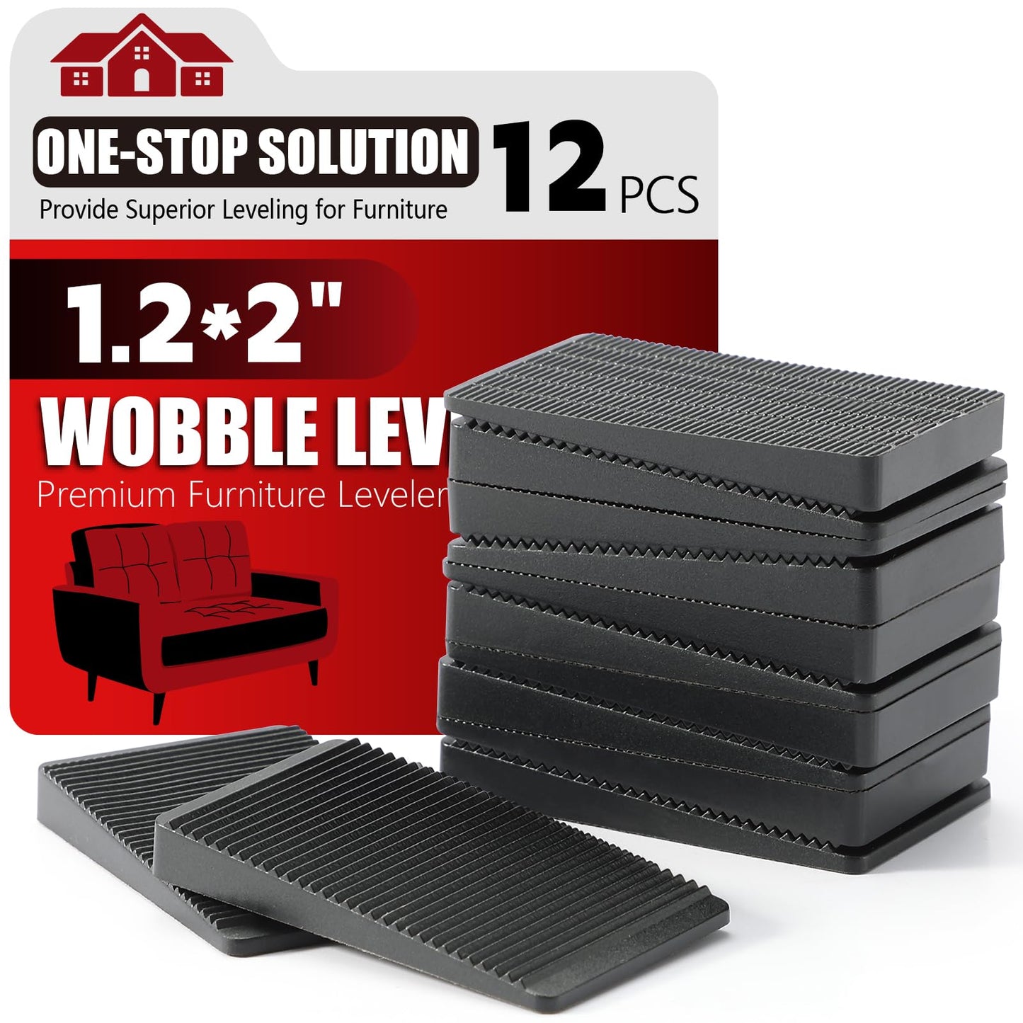 Furniture Leveler 12pcs Kit Size Variety | Multi-Purpose Rubber Shim for Leveling Feet Stable | Anti-Wobble Pad for Uneven Table, Dresser Leg, Toliet and More Furniture | Prevent from Wobbling