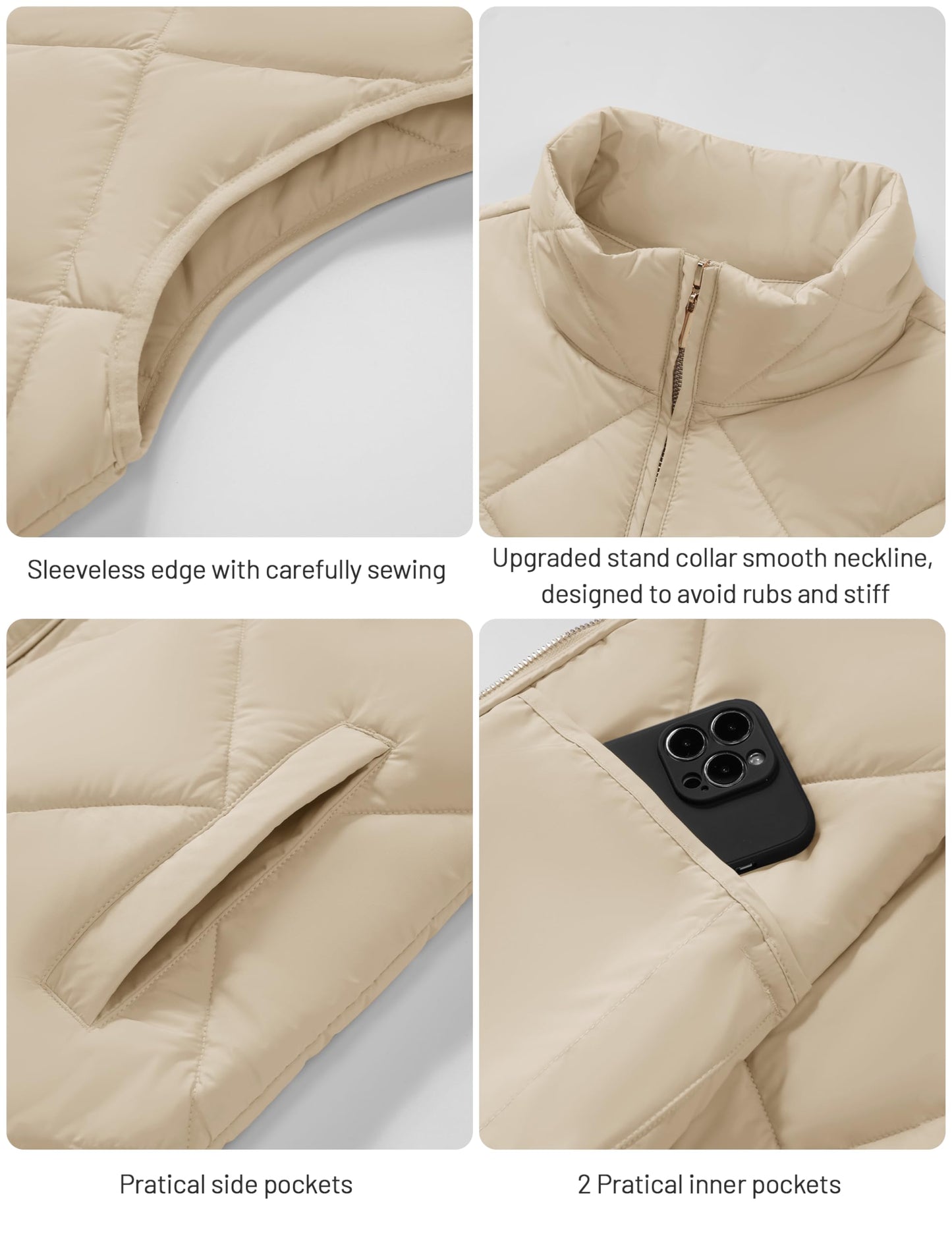 YUCOLEN Womens Quilted Vest Zip Up Puffer Vests Lightweight Sleeveless Winter Warm Stand Collar 4 Pockets Puffy Jackets Padded Gilet Winter Outerwear champagne XL