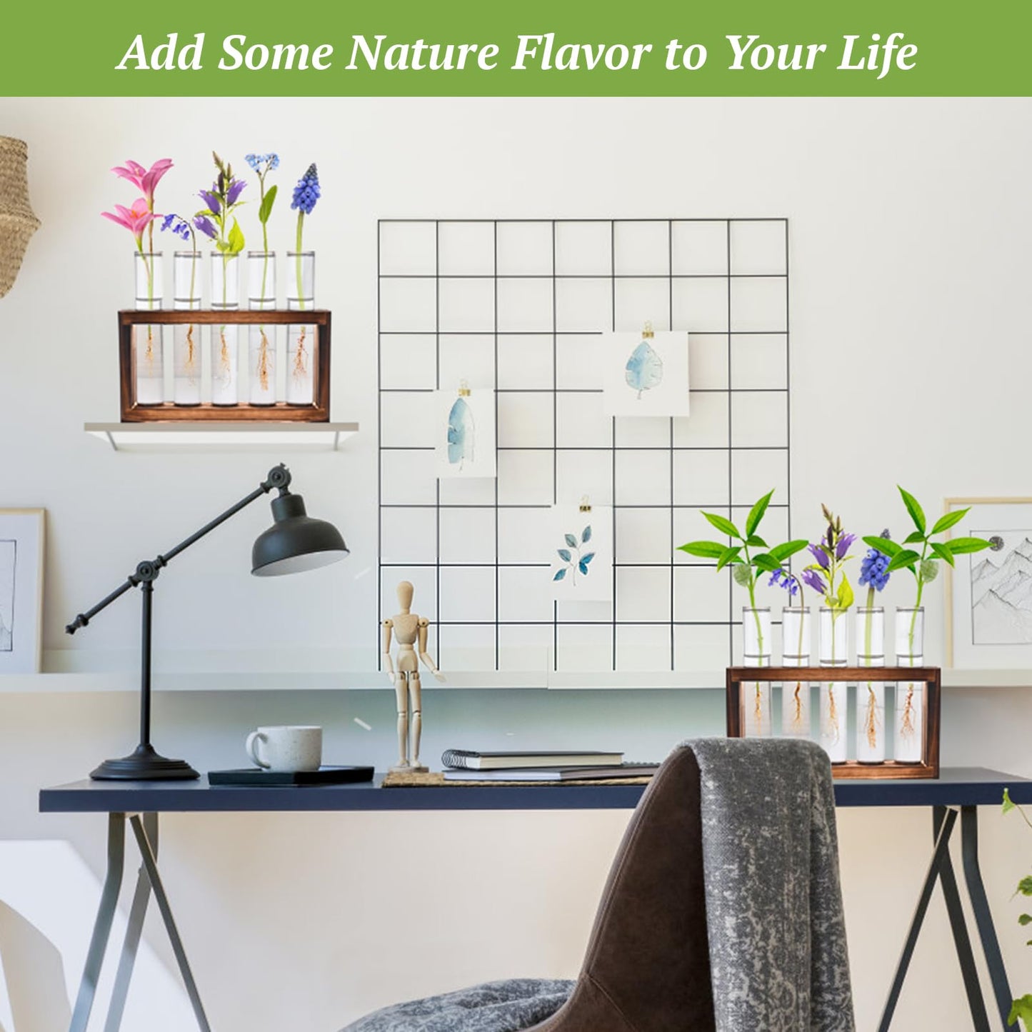 Tigvio 2pcs Desktop Glass Plant Propagation Station with 10 Test Tubes in Wooden Stand - Hydroponic Plants Cutting Office Home Decoration and Garden Decor Terrarium (10 Tubes)