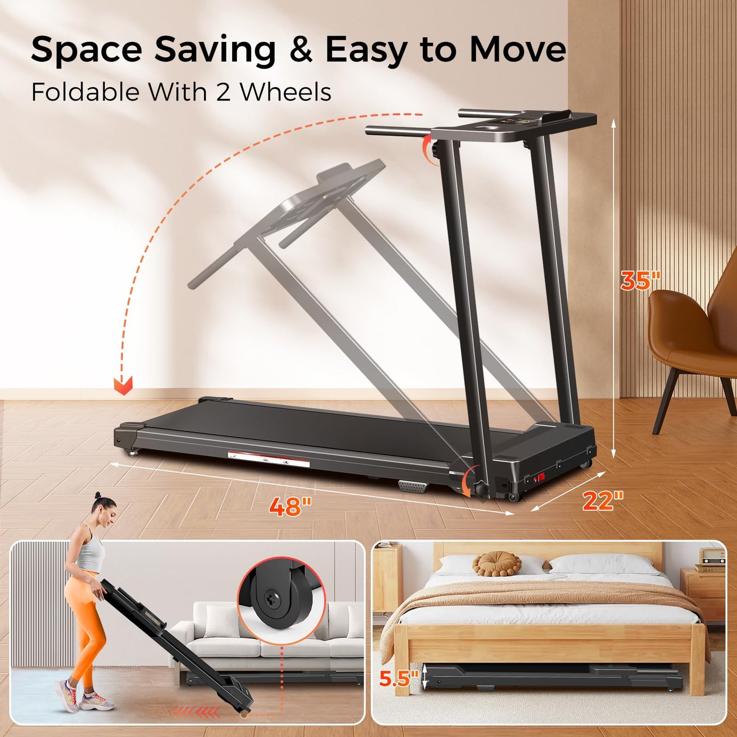 ApexNexus Treadmill with Handles, Portable Small Treadmills for Home and Office, 3.0HP Folding Walking Pad with 300 lbs Capacity, Cup Holder, LED Display and 12 Preset Programs