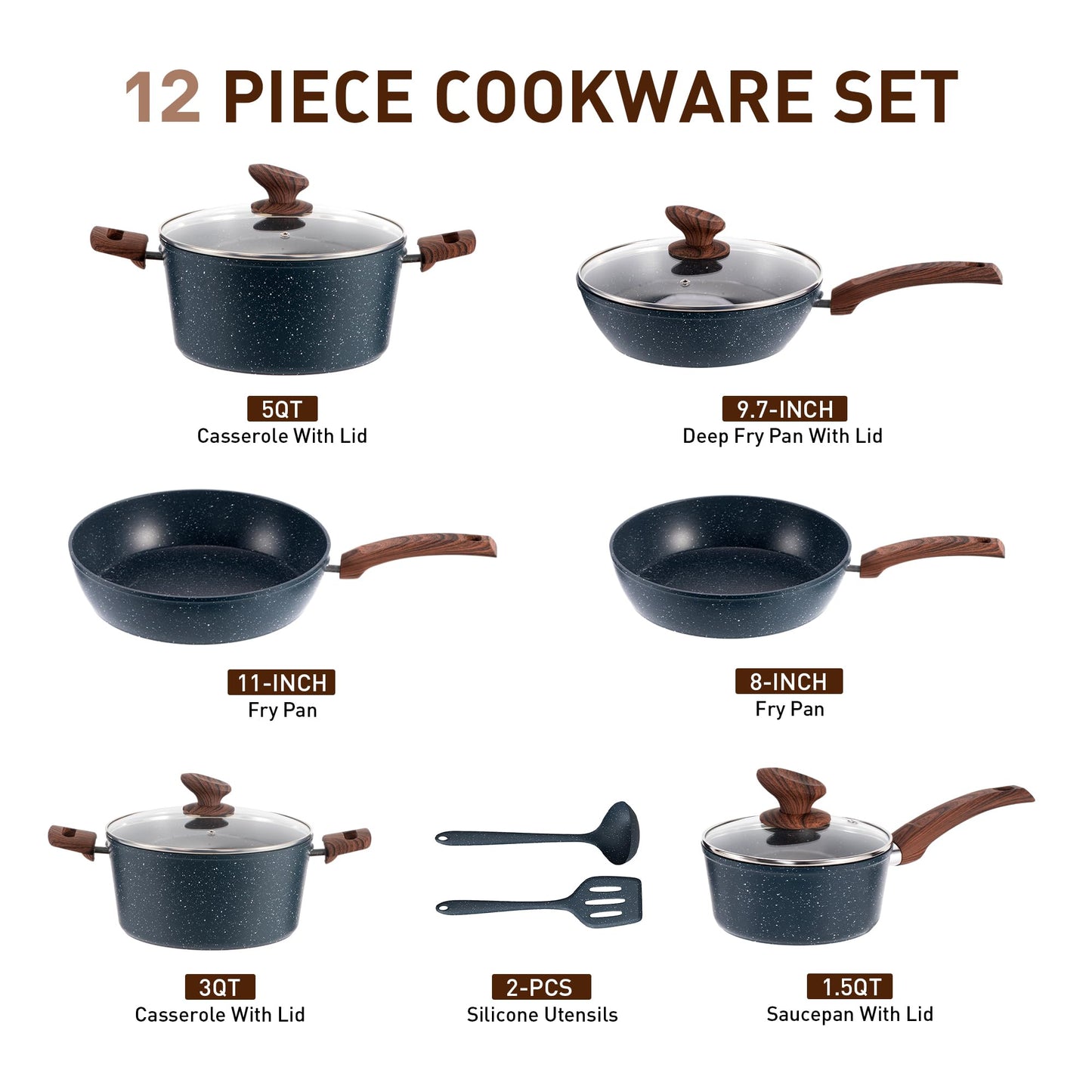 DisDelight Pots and Pans Set Non Stick, Nonstick Induction Granite Kitchen Cookware Sets, Induction Nonstick Granite Cooking Set, Induction Cookware Cooking Pan Set, Pan Sets for Cooking, Blue