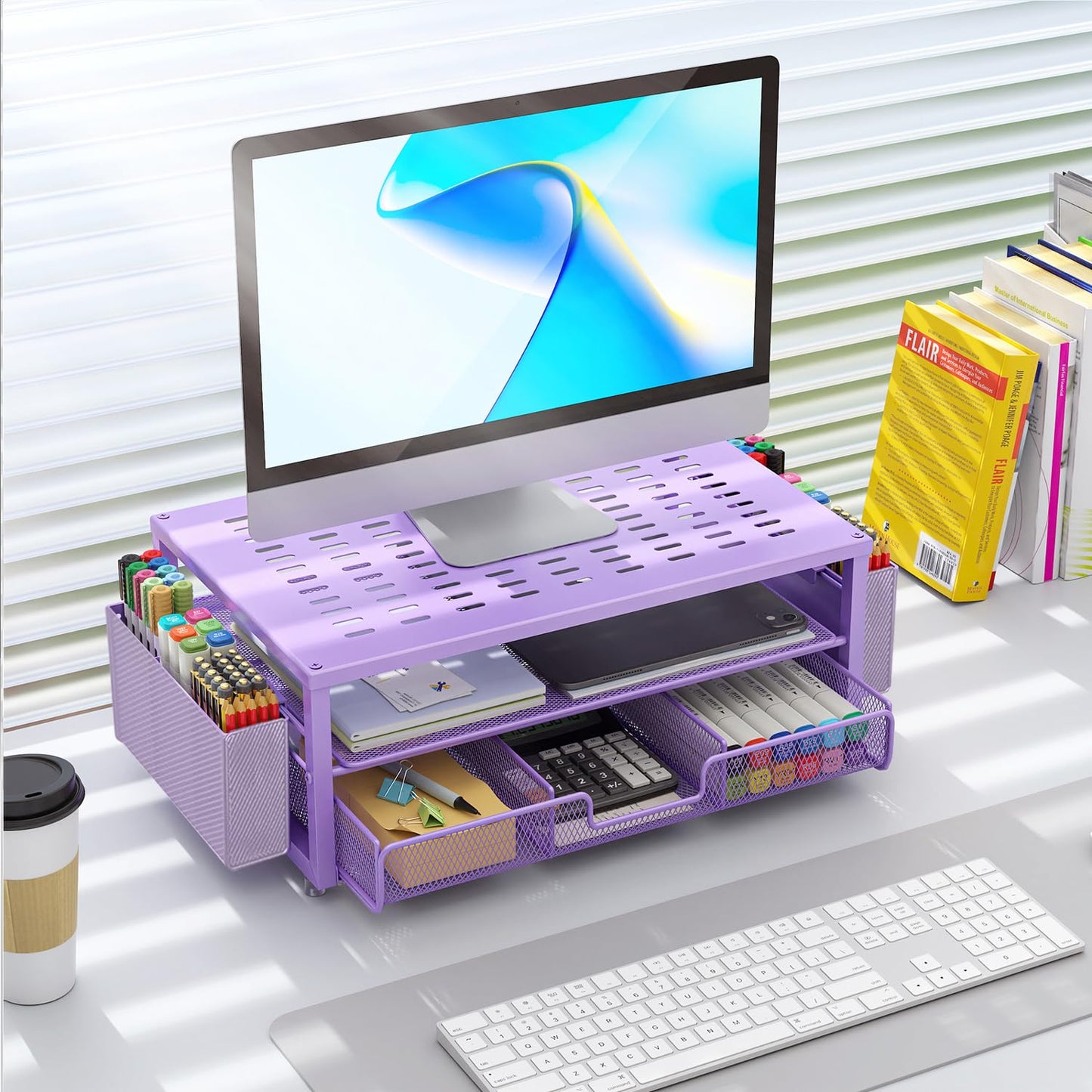 gianotter Desk Organizers and Accessories, Monitor Stand with Drawer and 2 Pen Holder, Purple Desk Accessories, Computer Stand Suitable for Offices and Dormitories (Purple)