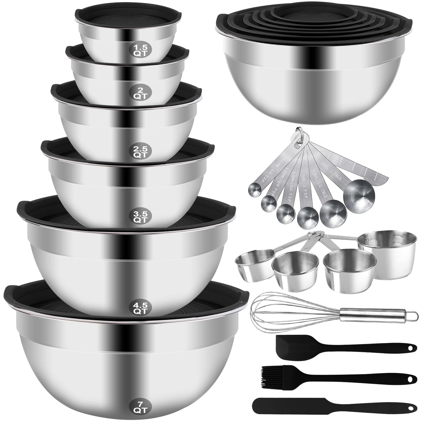 WEPSEN Mixing Bowls Set, 27PCS Stainless Steel Mixing Bowl with Lid Set, Large Nesting Bowls 7, 4.5, 3, 2.5, 2, 1.5QT, Measuring Cups and Spoons Baking Utensils Metal Bowl for Kitchen Prep