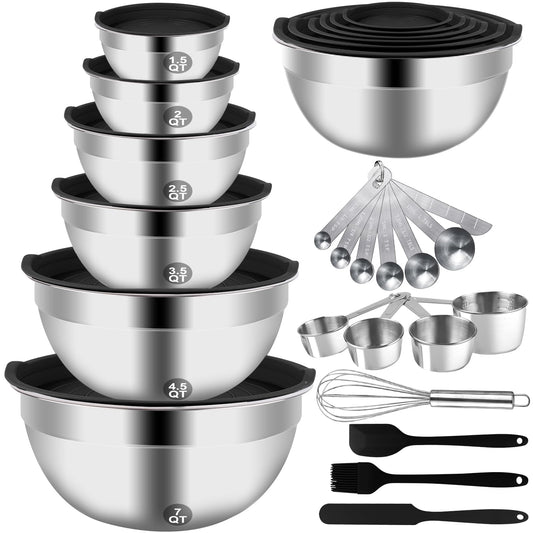 WEPSEN Mixing Bowls Set, 27PCS Stainless Steel Mixing Bowl with Lid Set, Large Nesting Bowls 7, 4.5, 3, 2.5, 2, 1.5QT, Measuring Cups and Spoons Baking Utensils Metal Bowl for Kitchen Prep