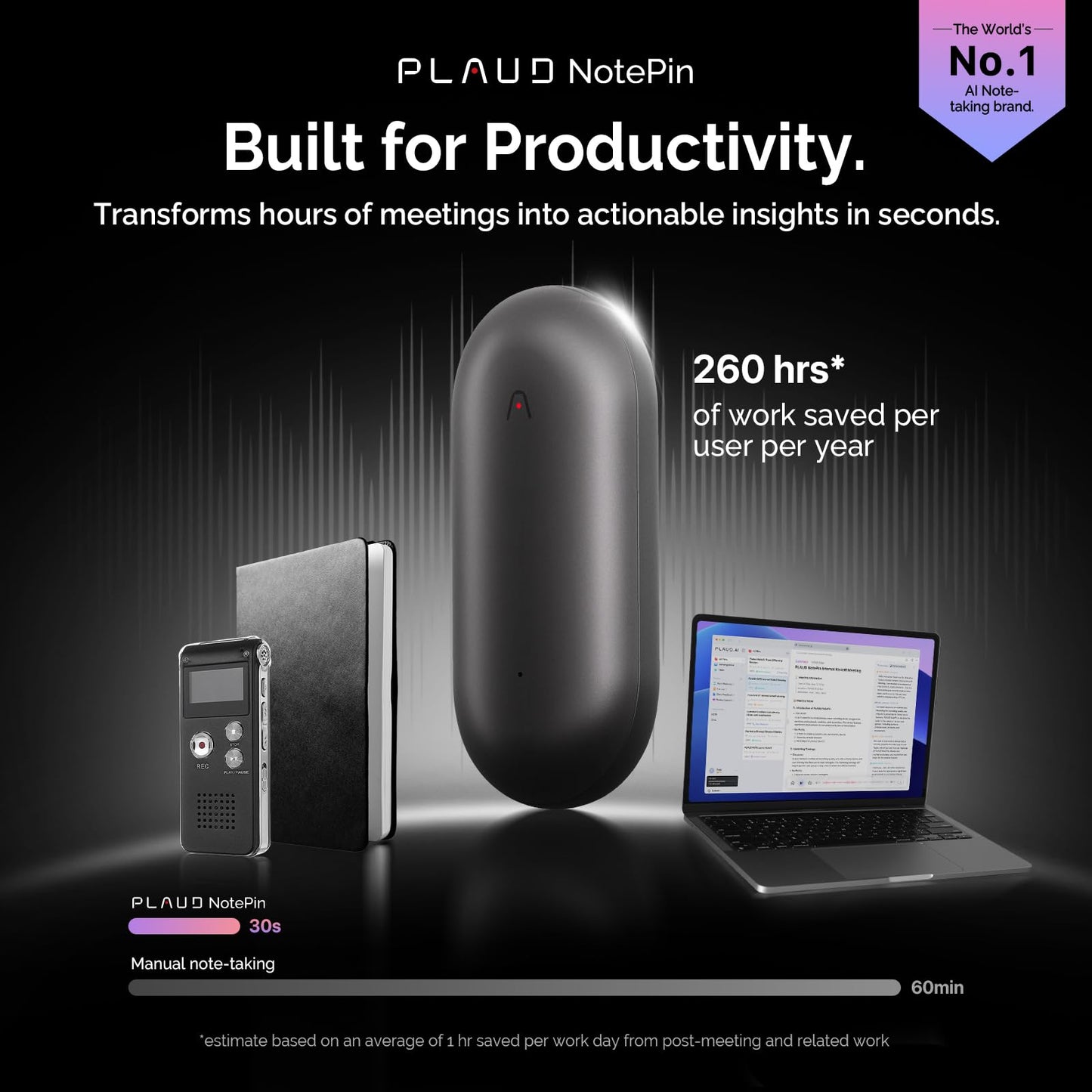 AI Voice Recorder, PLAUD NotePin Voice Recorder, App Control, AI Notetaker, AI Transcribe & Summarize, Support 112 Languages, 64GB Memory, Audio Recorder for Lectures, Meetings, Cosmic Gray