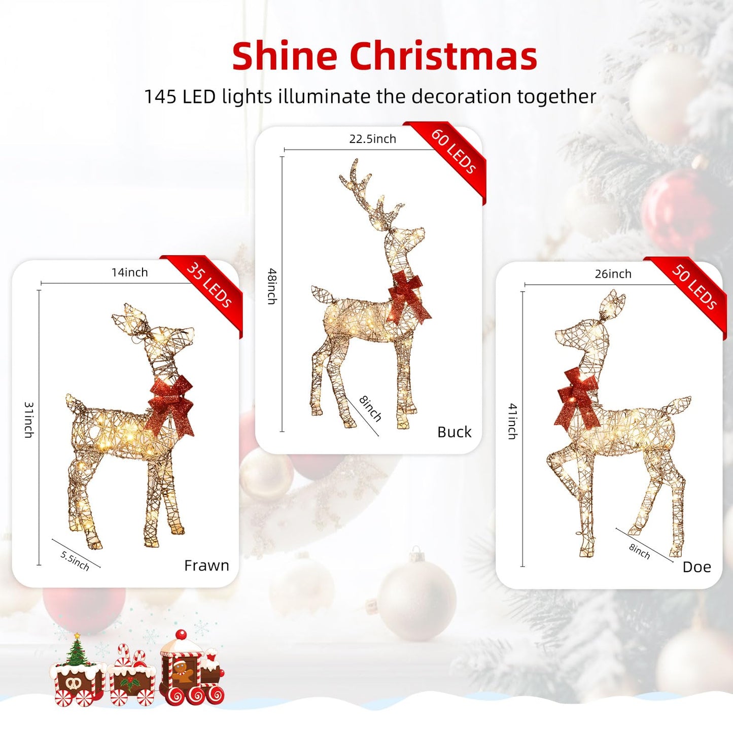 HOYECHI 4ft Christmas Decorations Outdoor Lighted Reindeer – 3-Piece 2D Deer Family Set with 145 Warm White LED Lights for Yard, Lawn, Garden & Porch Holiday Display - Rattan