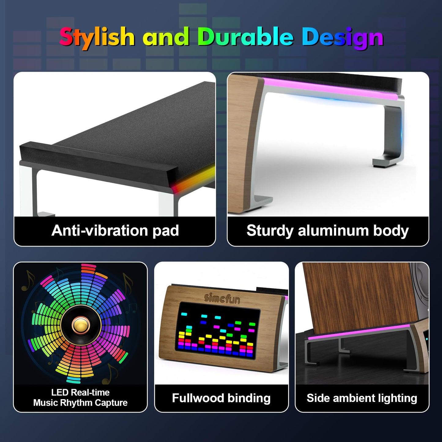 RhythmDance Desktop RGB Tilt Speaker Stands Surround Sound – Dynamic LED Light Display with Sound Sensor, Adjustable Light Modes w/c Dual Charging Ports – 1 Pair Bookshelf Laptop Desk Audio Stands