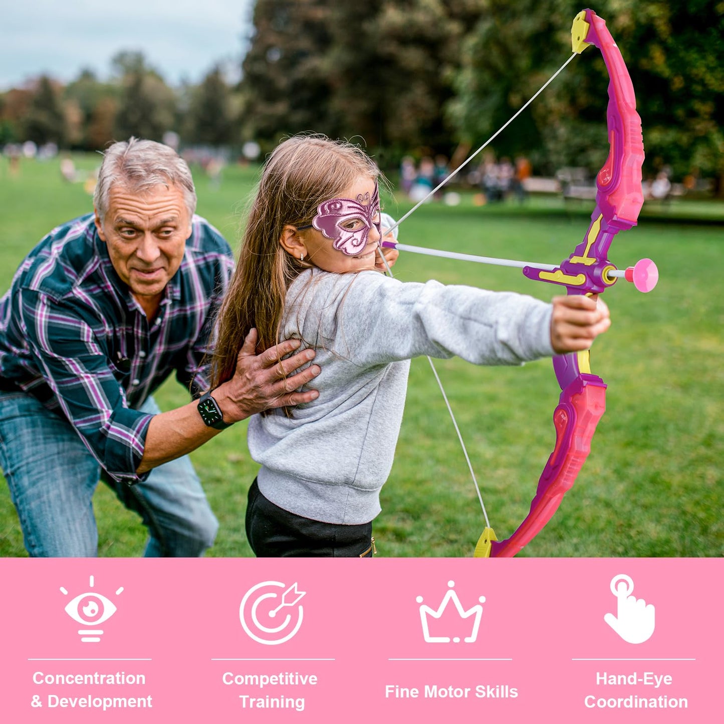 VGOFUN Kids Bow and Arrow Set: LED Light Up Archery Toy with Princess Cape and Headband, 10 Suction Cup Arrows, Outdoor Toys Gifts for 3-8 Year Old Girls (Archery Set with Butterfly Mask)