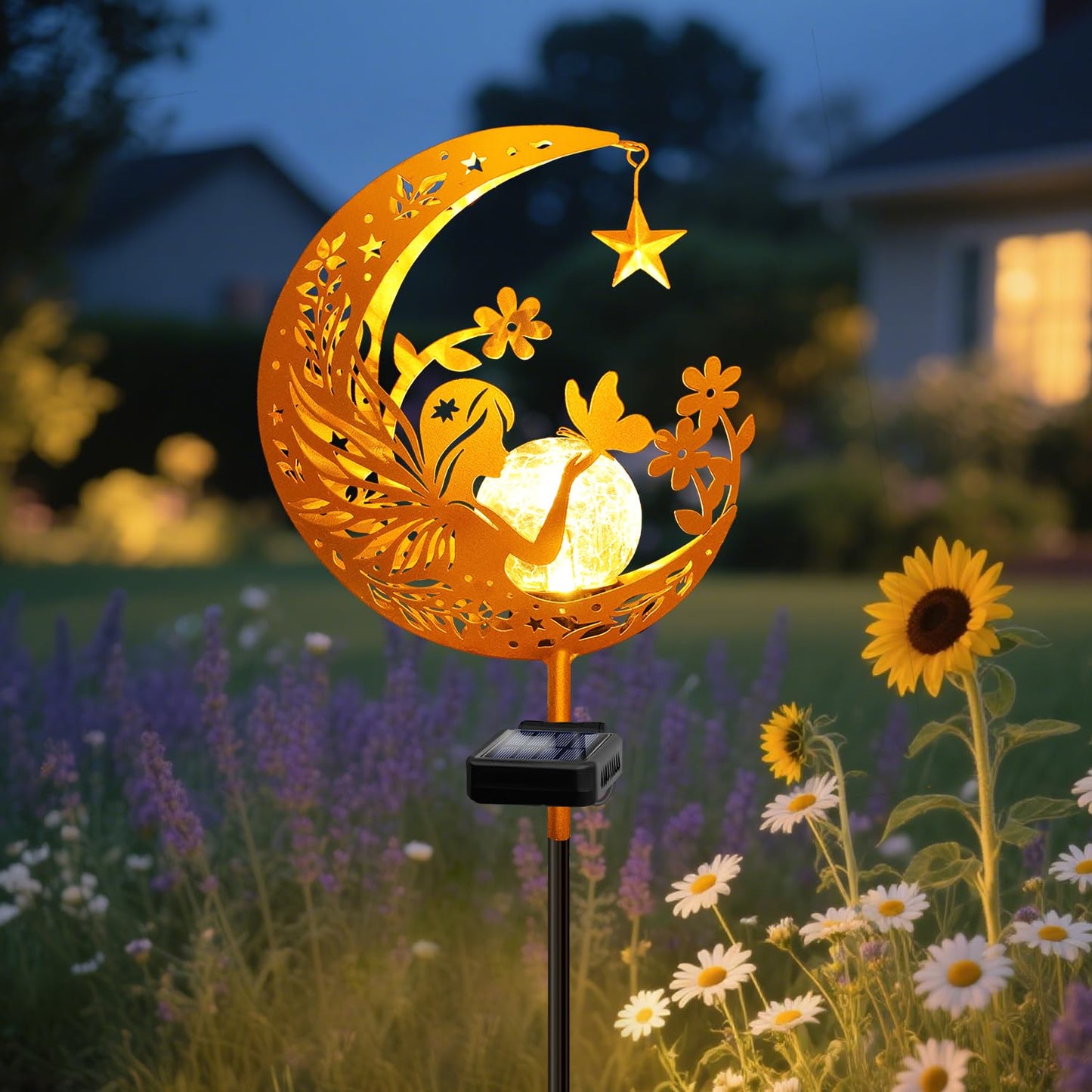YJFWAL 2 Pack Garden Solar Lights Pathway Stake Lights Moon Fairy Glass Globe with Angel Decor, Gardening Birthday Gift for Mom Grandma Friends, Outdoor Decor Light Waterproof for Walkway, Yard, Patio