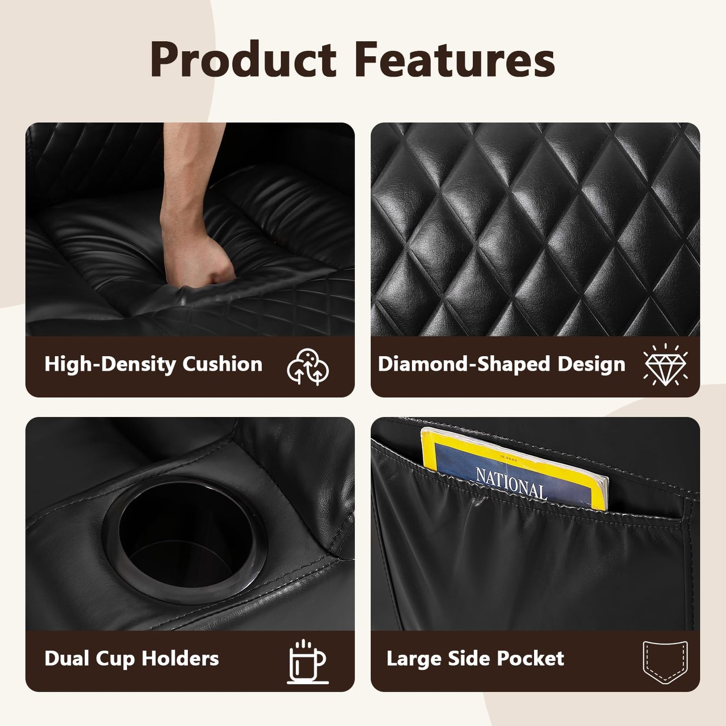 AHMED Power Swivel Rocker Recliner Chair with Massage and Heat, Faux Leather Home Theater Seating with LED Ambient Lighting, Glider Reclining Sofa with Cup Holders for Living Room,Black