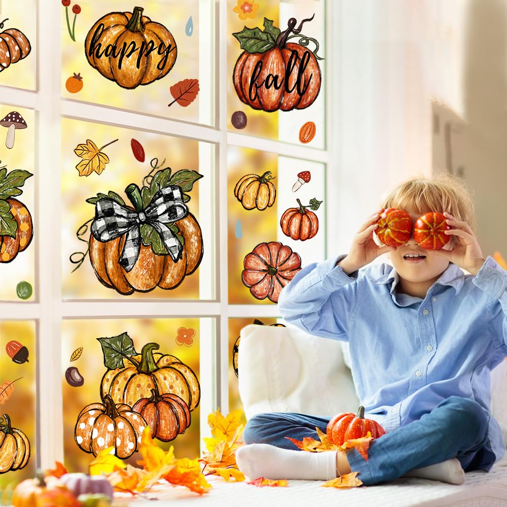 YUJUN 6 Sheets Thanksgiving Leaves Oil Painting Window Clings - Fall Decals Stickers for Autumn Glass Home Decor & Thanksgiving Decoration