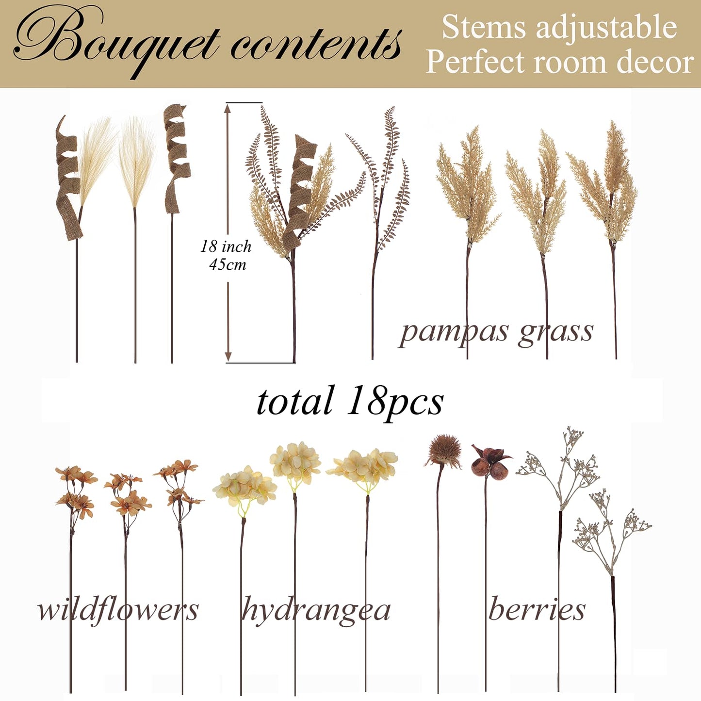 18Pcs Boho Faux Fall Dried Pampas Grass Silk Hydrangea Flowers Bouquets Fall Decor, Fake Autumn Thanksgiving Harvest Stems Fall Picks Branches Floral Arrangements for Vase 18"