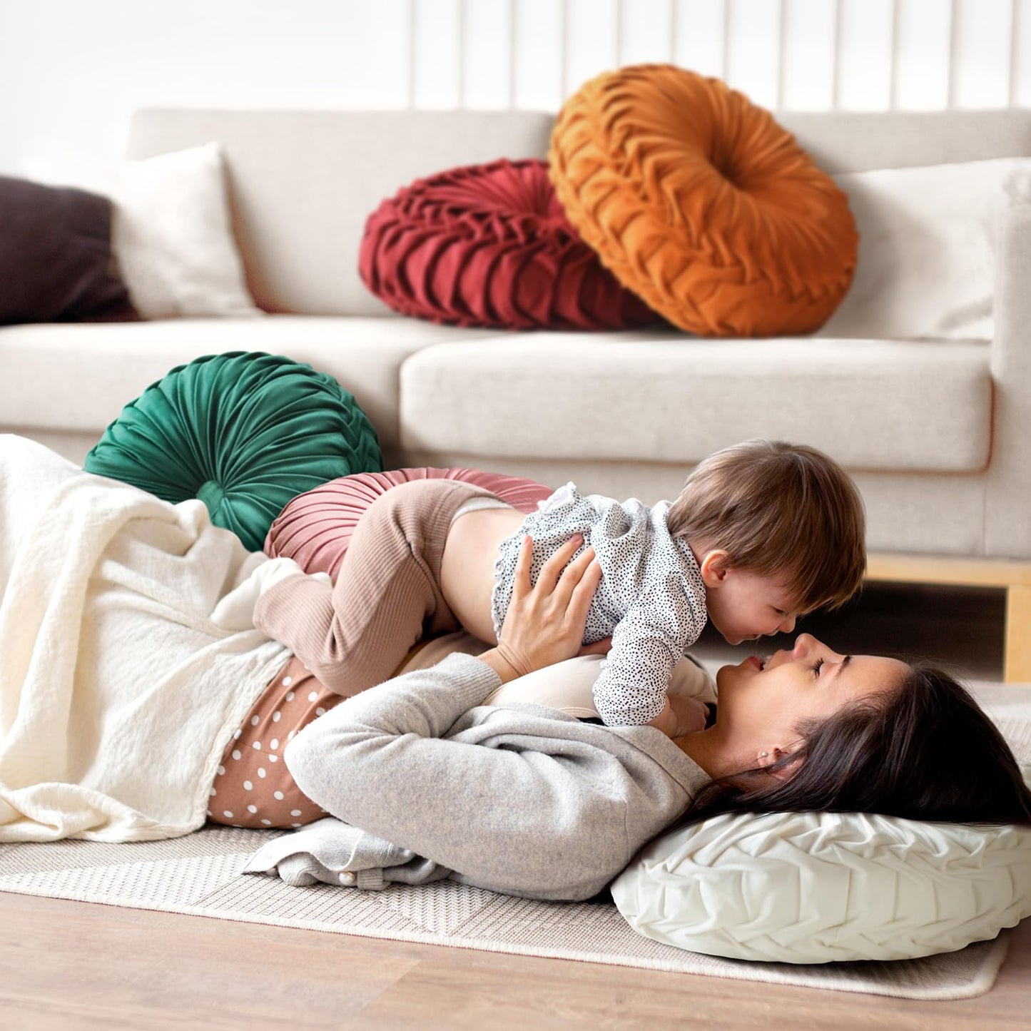 Teieas Round Throw Pillow Velvet Home Decoration Pleated Round Pillow Cushion for Couch Chair Bed Car (Brown)