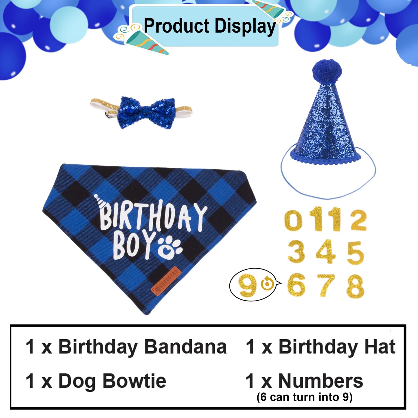 ADOGGYGO Dog Birthday Party Supplies, Multi Size Offered, Blue Dog Birthday Hat Bandana Numbers Bow Set for Large X-Large Dogs Pets (X-Large)