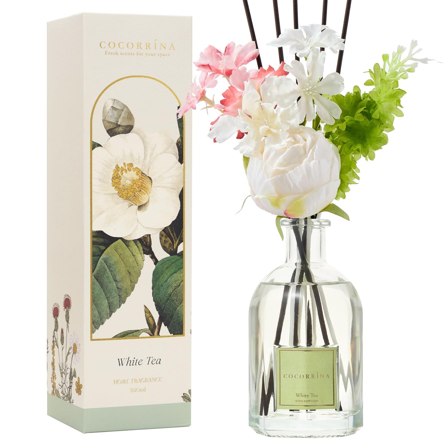 COCORRÍNA Reed Diffuser - White Tea 8.5 Fl.oz/ 250ml Flower Diffuser with 8 Sticks, Reed Diffusers for Home Bathroom Shelf Decor (Botanical Flower Collection)