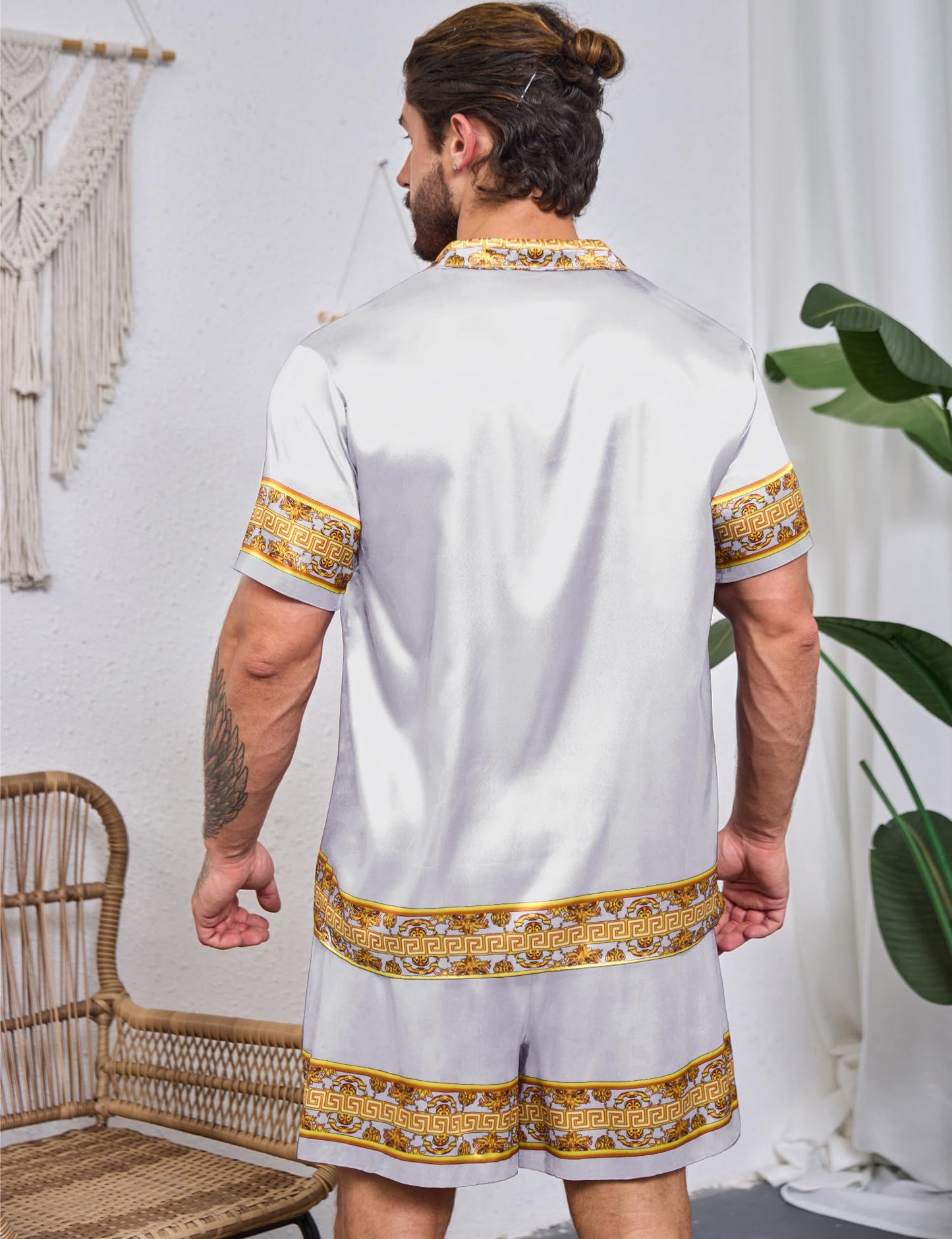 ZSJR Mens Hawaiian Outfits Christmas Shirt Satin African Camisas De Seda Para Hombres Clearance Sets 2 Piece Fashion Casual Luxury Shiny Silk Like Button up Dress Rompers Sexy Miami Shirts for Men